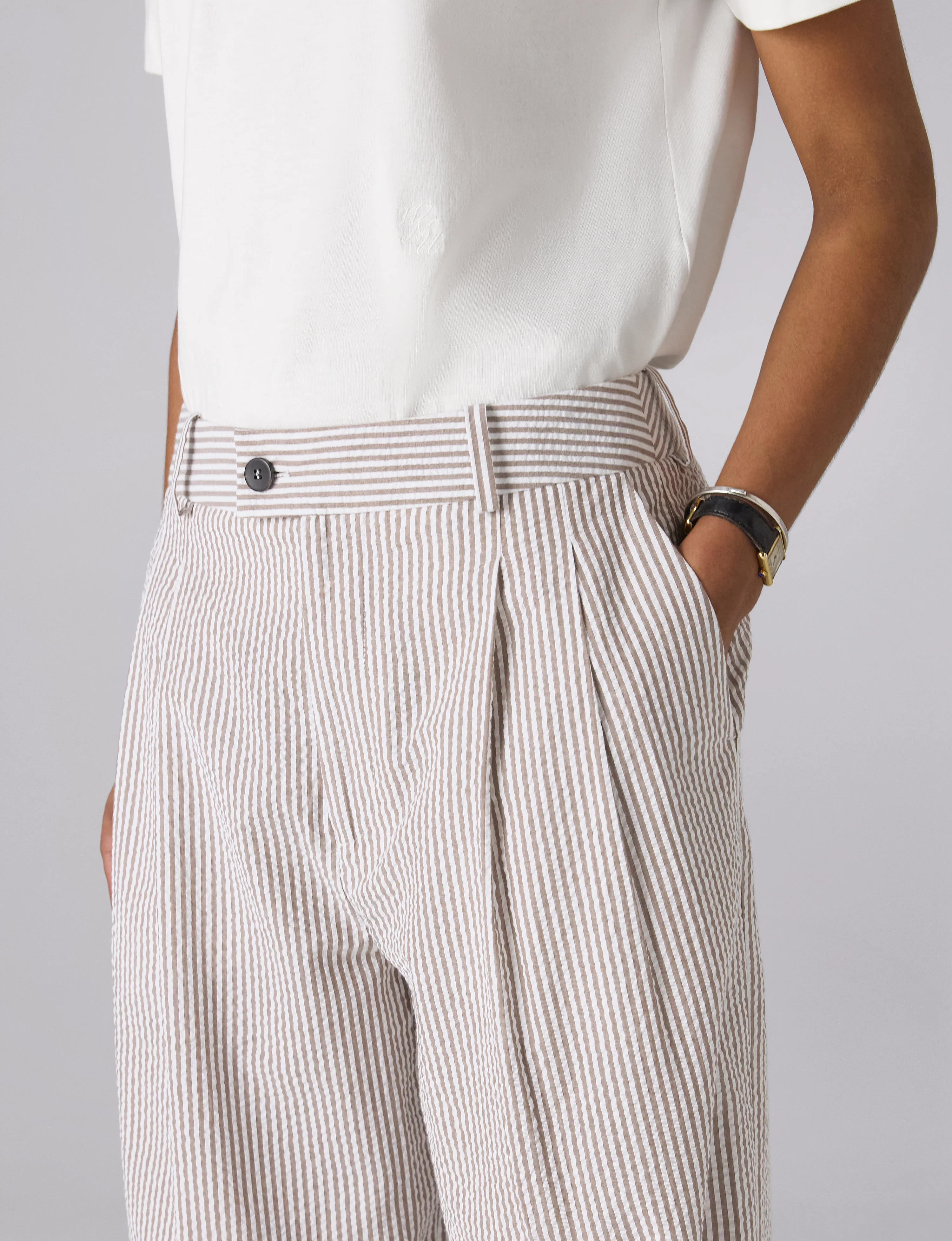 Rampling Trouser: Seersucker, Mocha Stripe - With Nothing Underneath