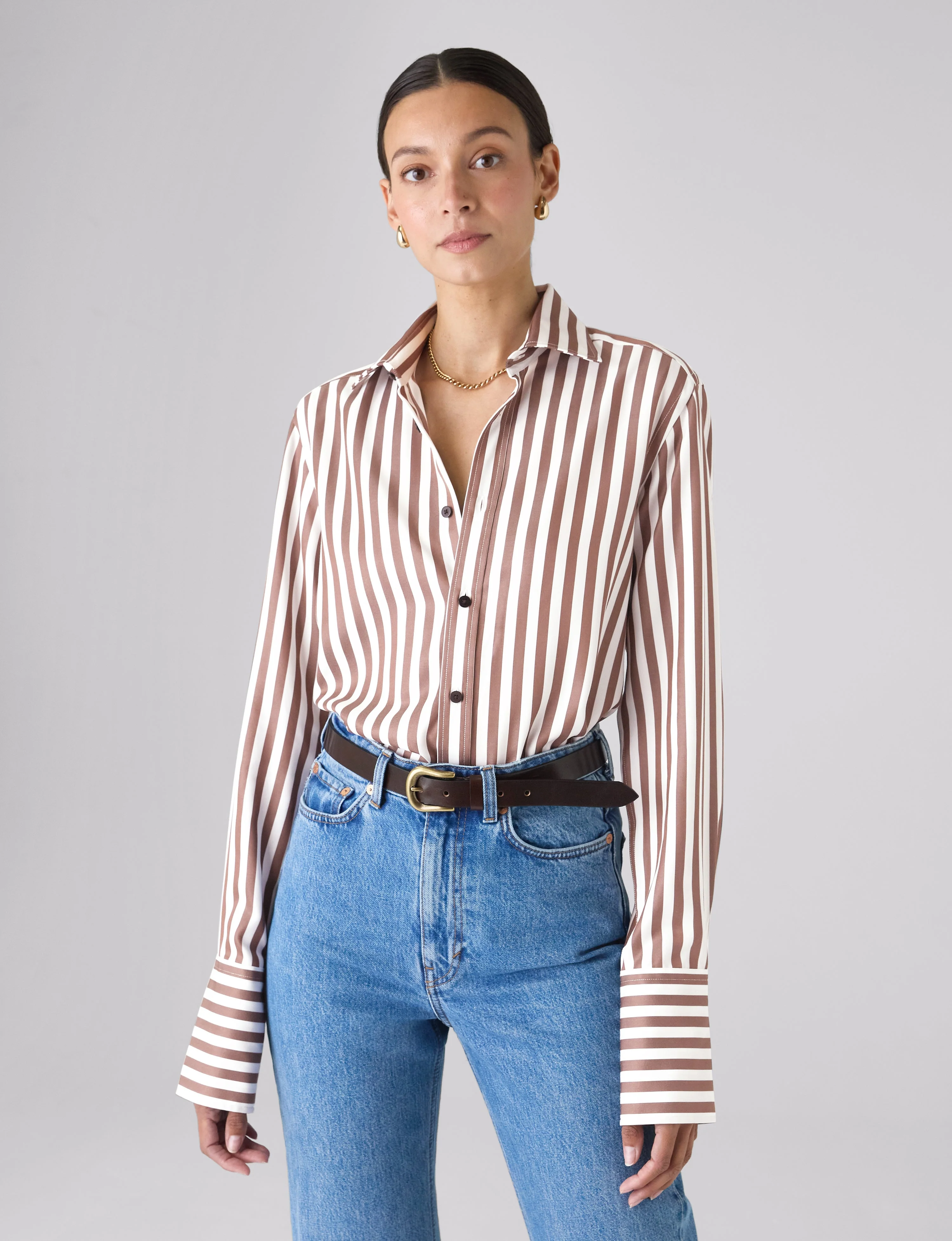 The Boyfriend Exaggerated Cuff: TENCEL™ Lyocell, Chocolate Stripe - With Nothing Underneath