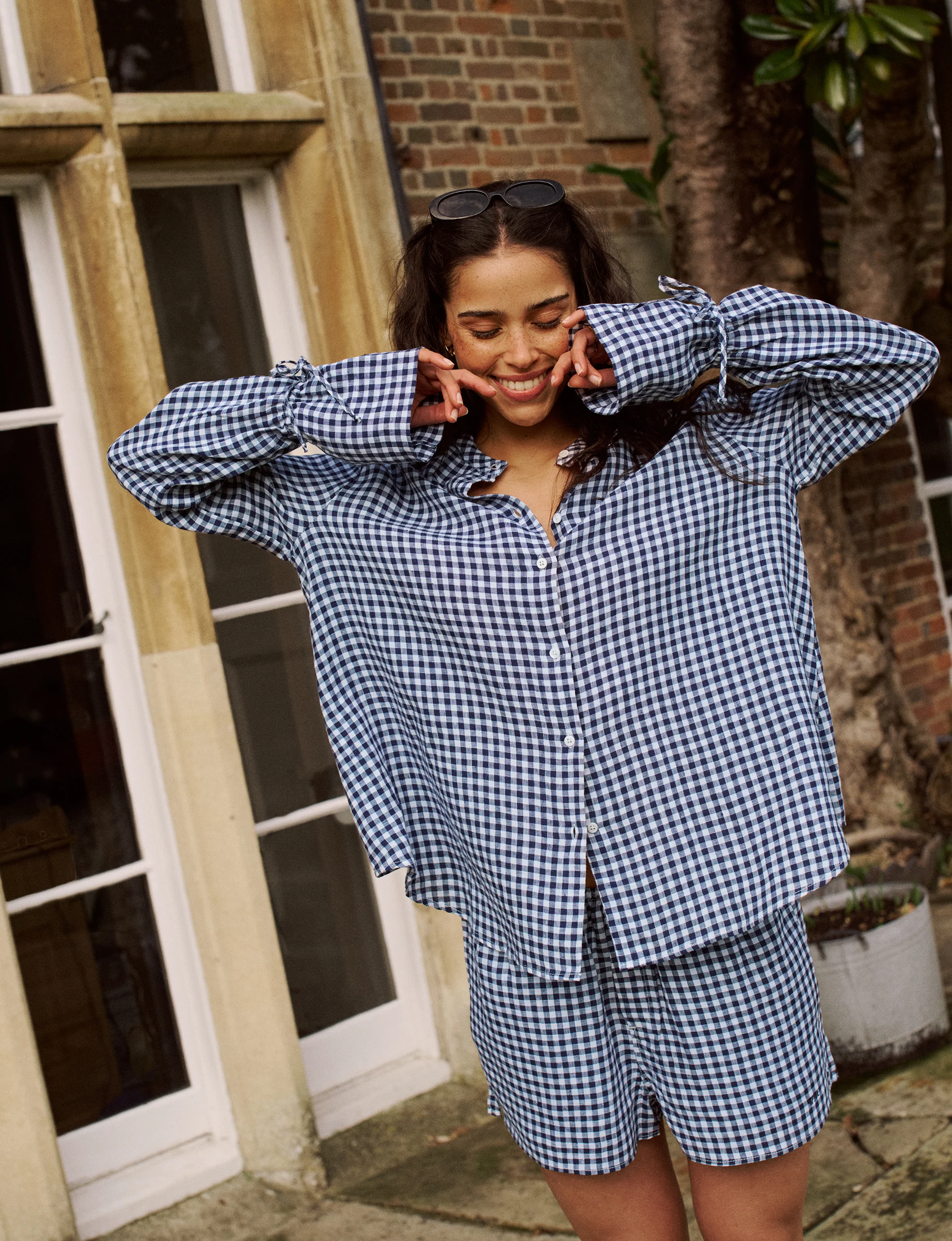 Rye Blouse: Linen, Navy Blue Gingham - With Nothing Underneath