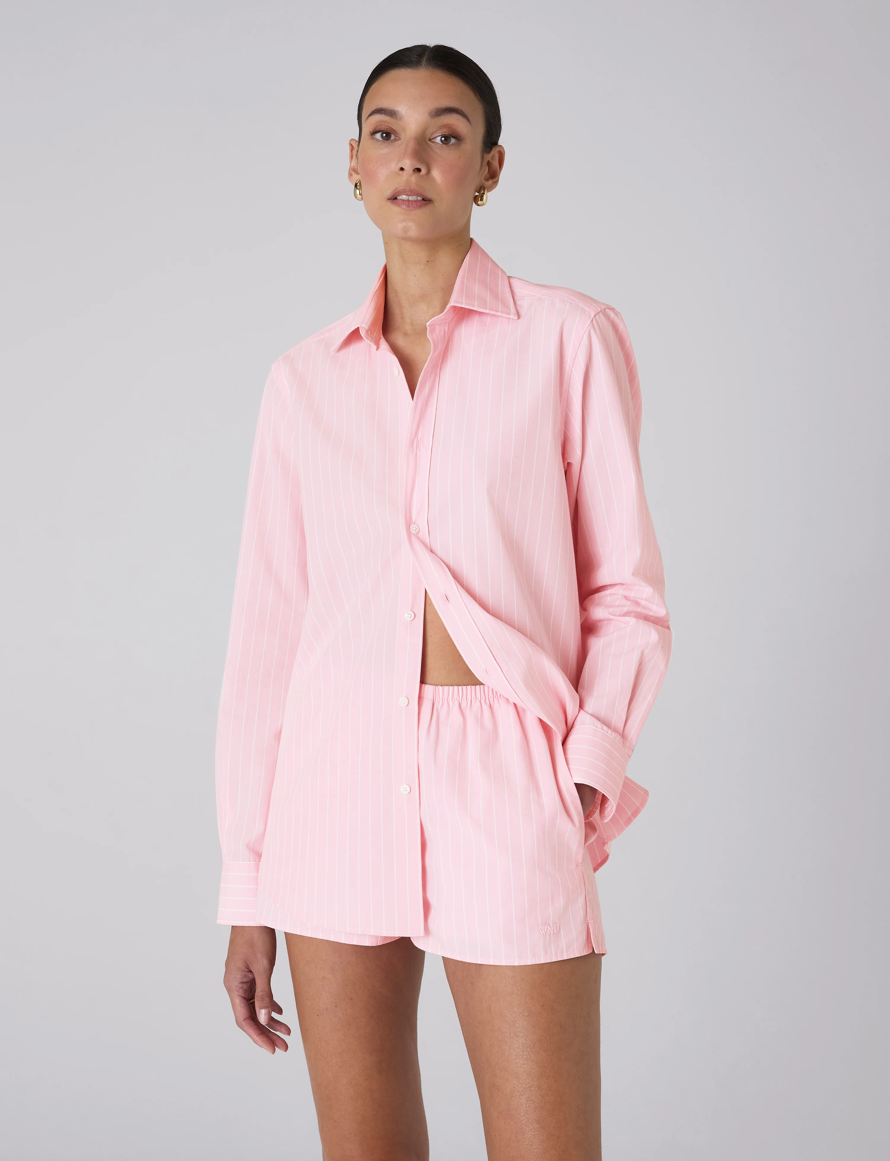 The Set: Fine Poplin Light Pink Stripe Shirt & Court Short - With Nothing Underneath