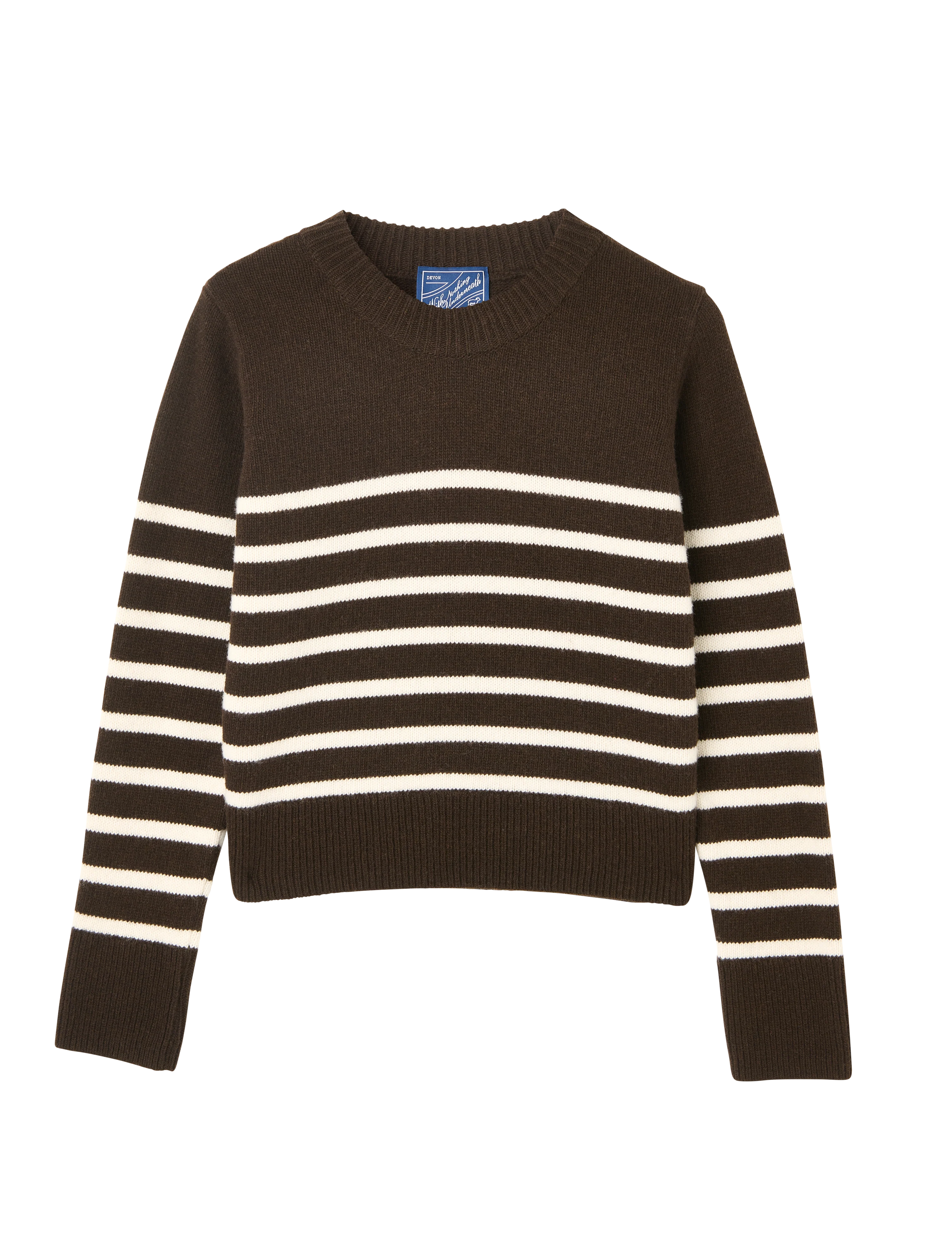 Devon Jumper: Wool, Chocolate with Cream Stripes - With Nothing Underneath