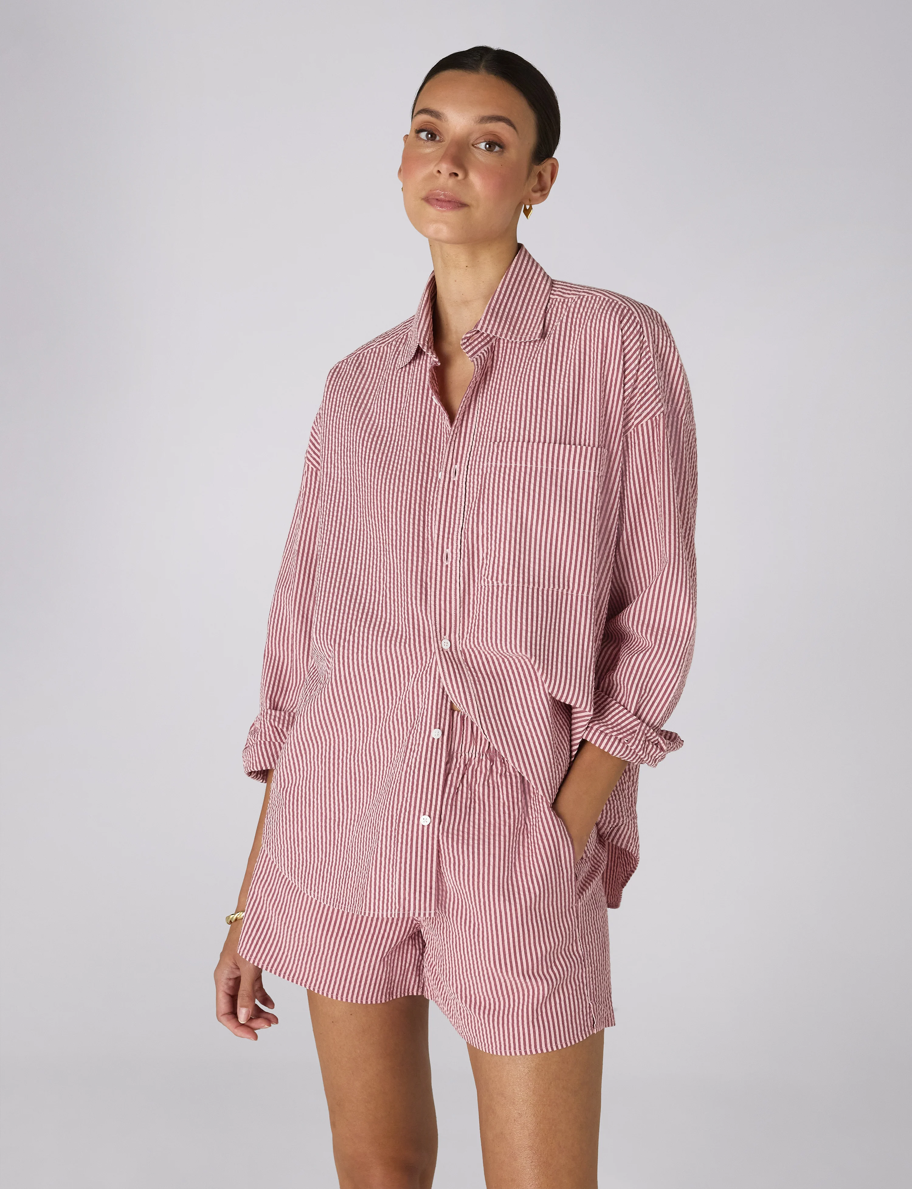 The Set: Seersucker Pink and Berry Stripe Shirt & Boxer Shorts - With Nothing Underneath