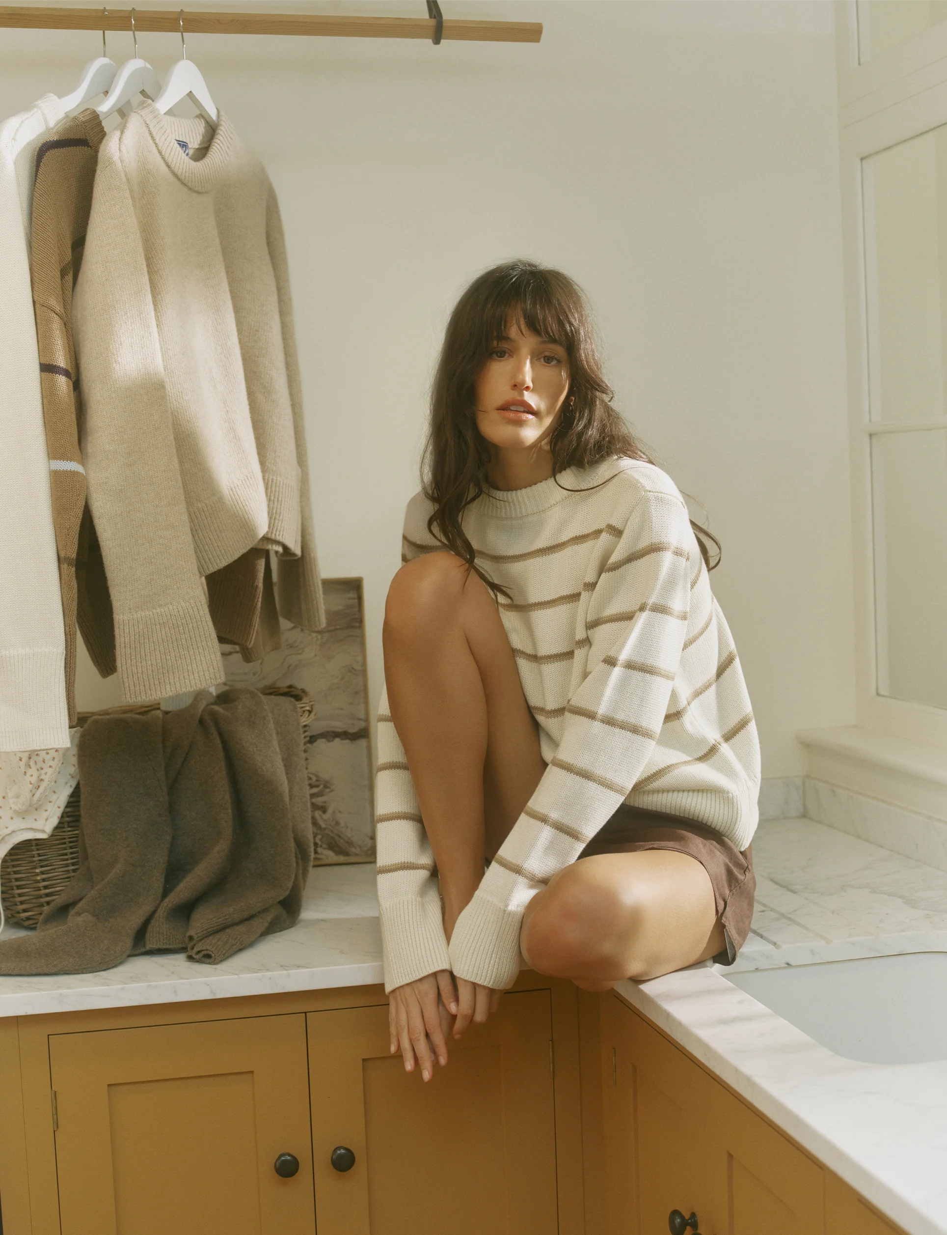 Devon Jumper: Cotton, Ecru and Latte Stripe - With Nothing Underneath