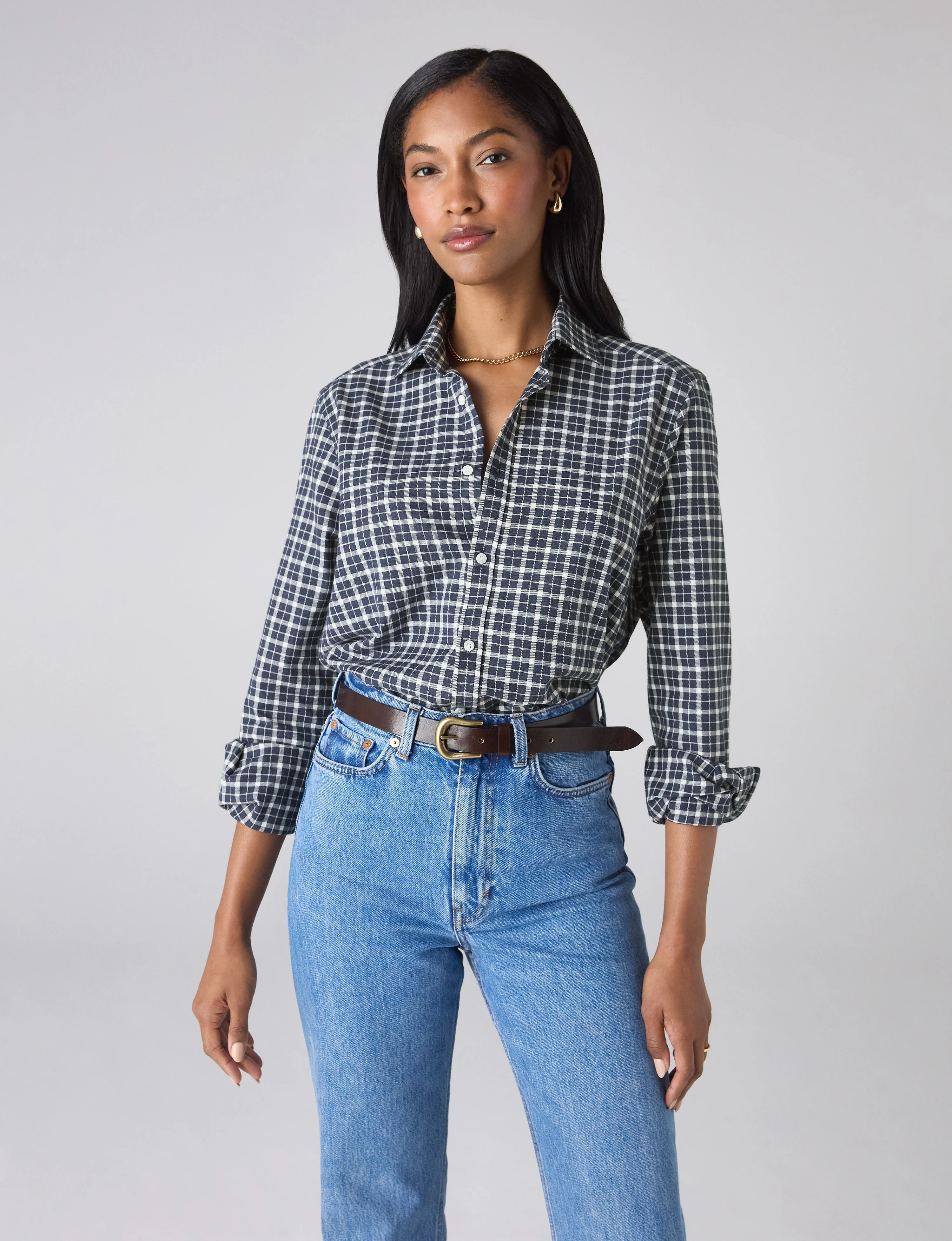 The Classic: Fine Brushed, Navy Blue Check - With Nothing Underneath