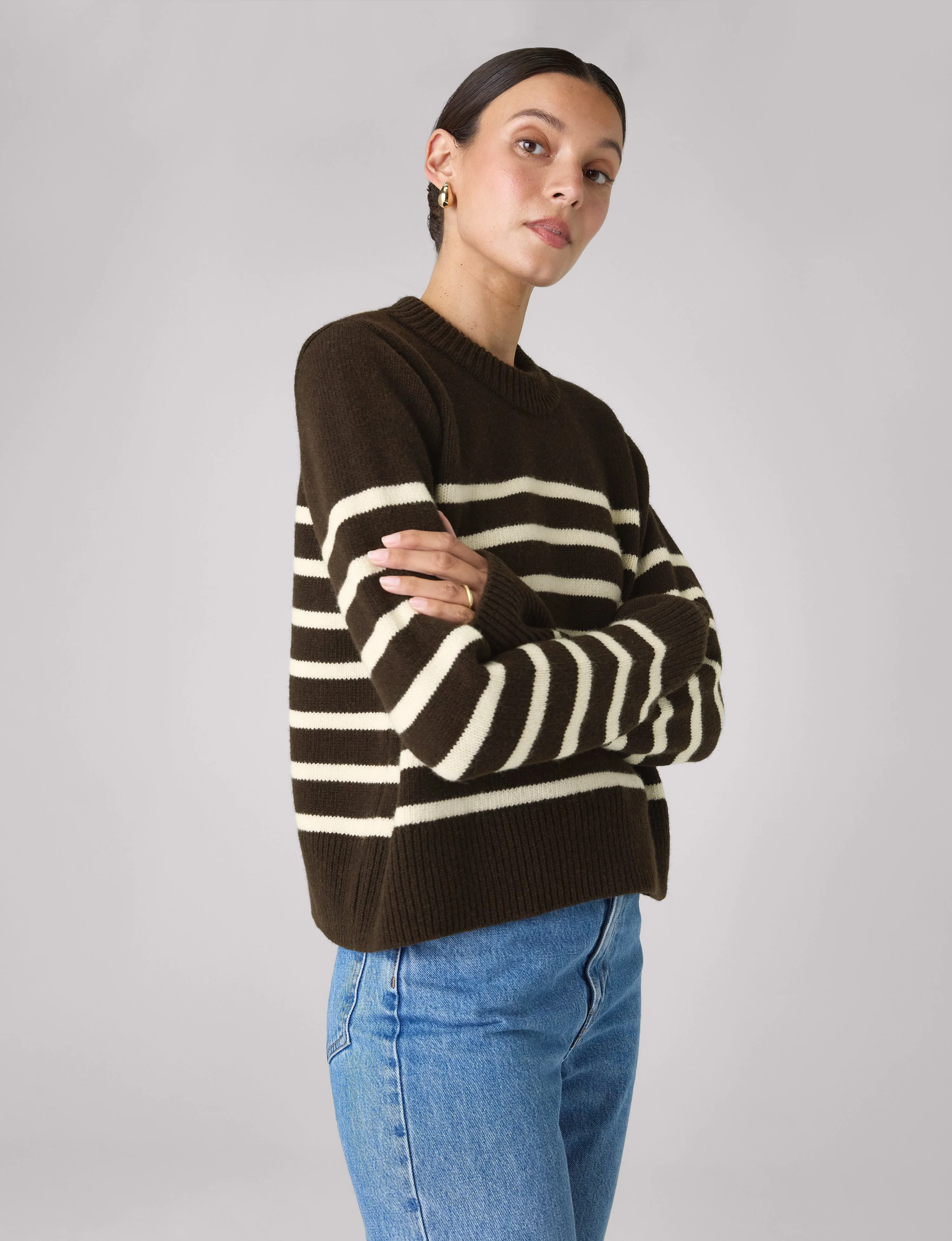 Devon Jumper: Wool, Chocolate with Cream Stripes - With Nothing Underneath