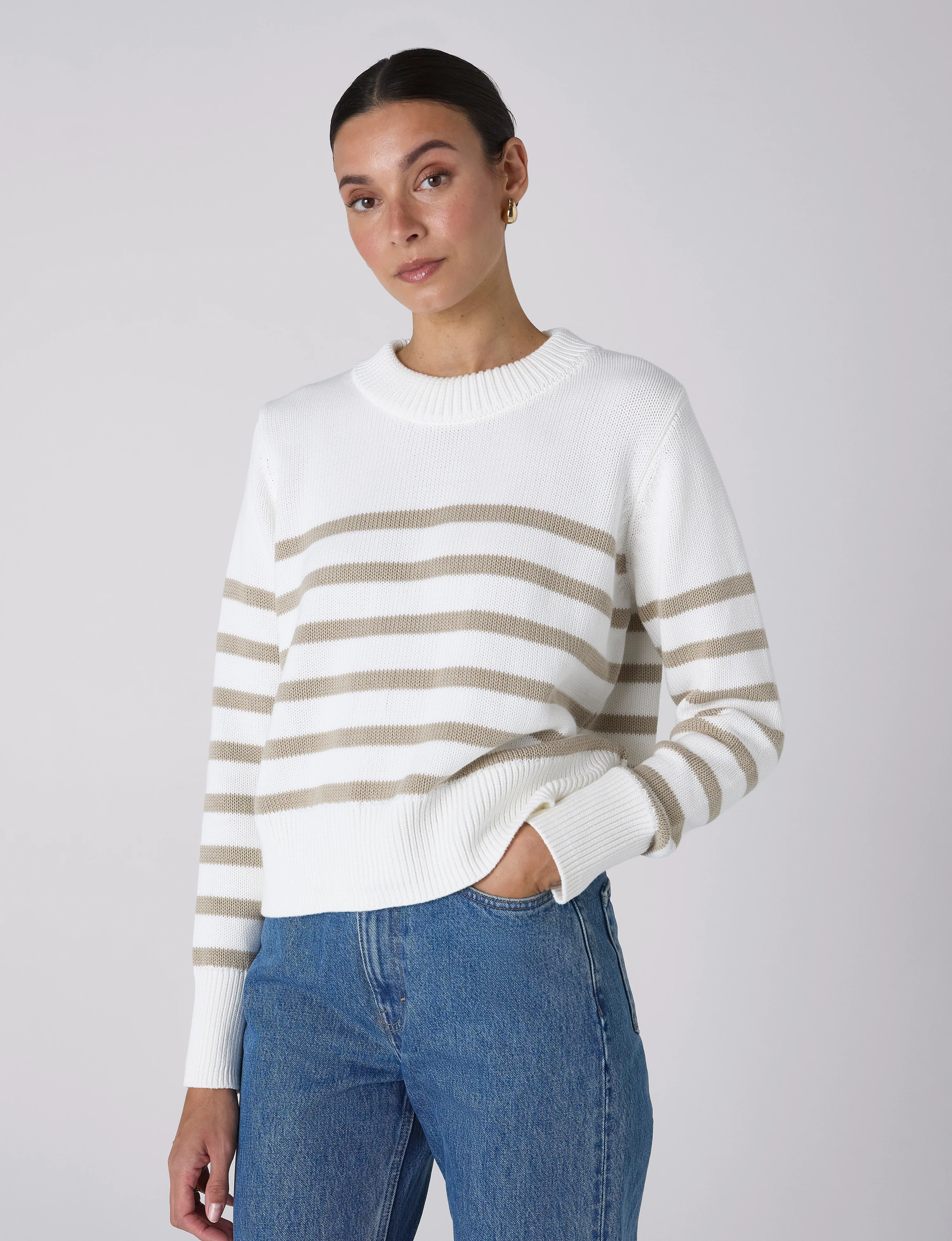 Devon Jumper: Cotton, Latte Stripe - With Nothing Underneath