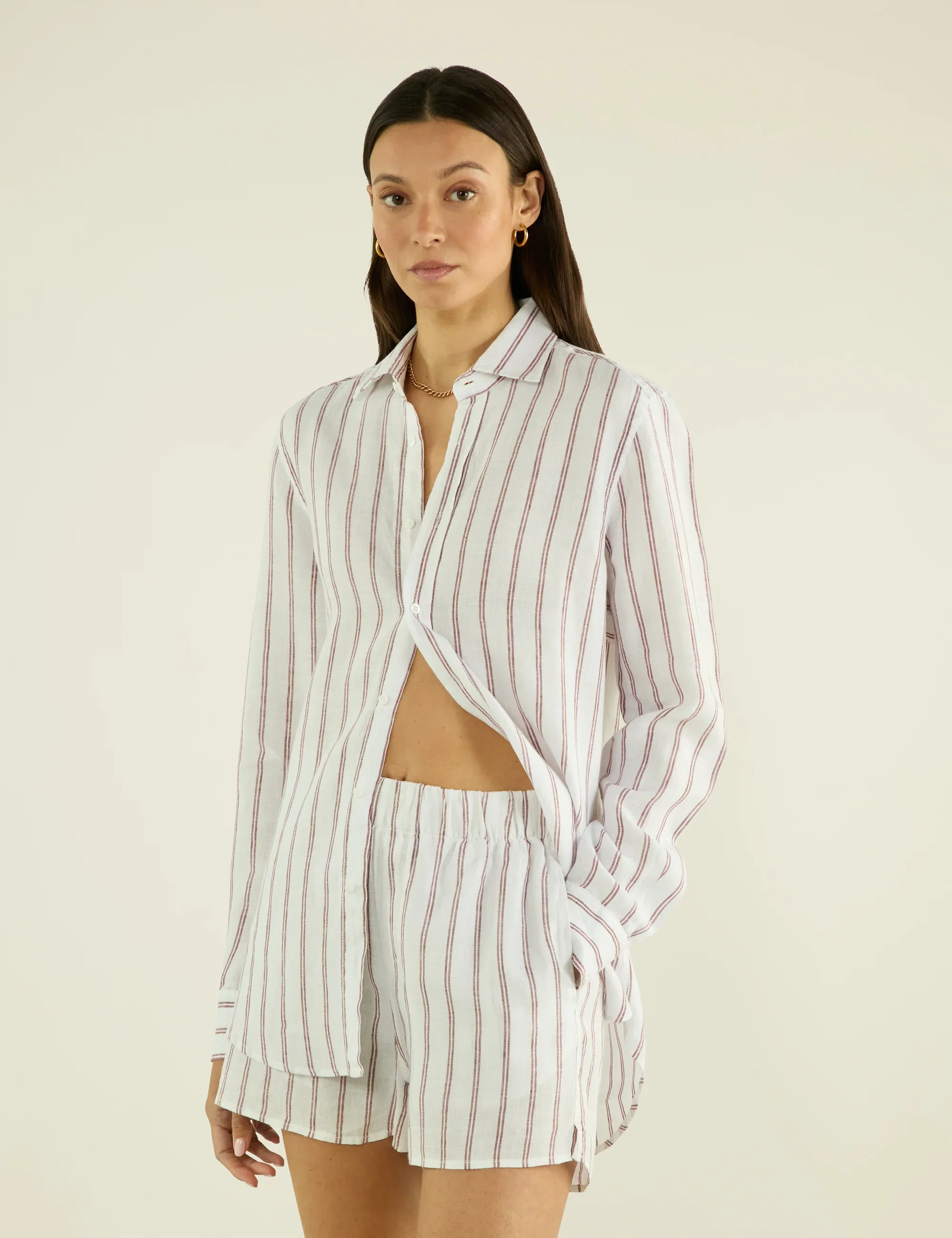 The Boxer: Linen, Burgundy Double Stripe - With Nothing Underneath