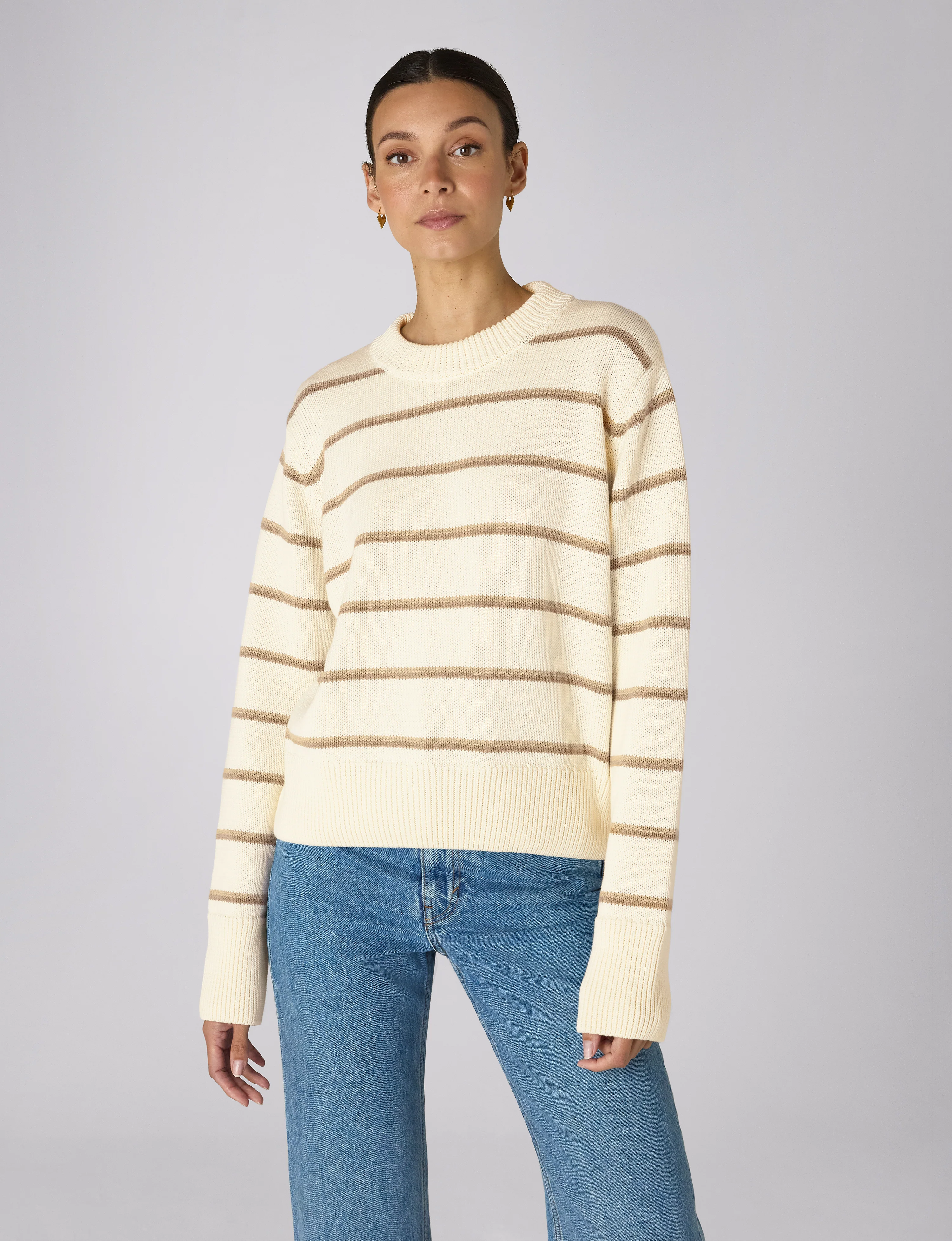 Devon Jumper: Cotton, Ecru and Latte Stripe - With Nothing Underneath