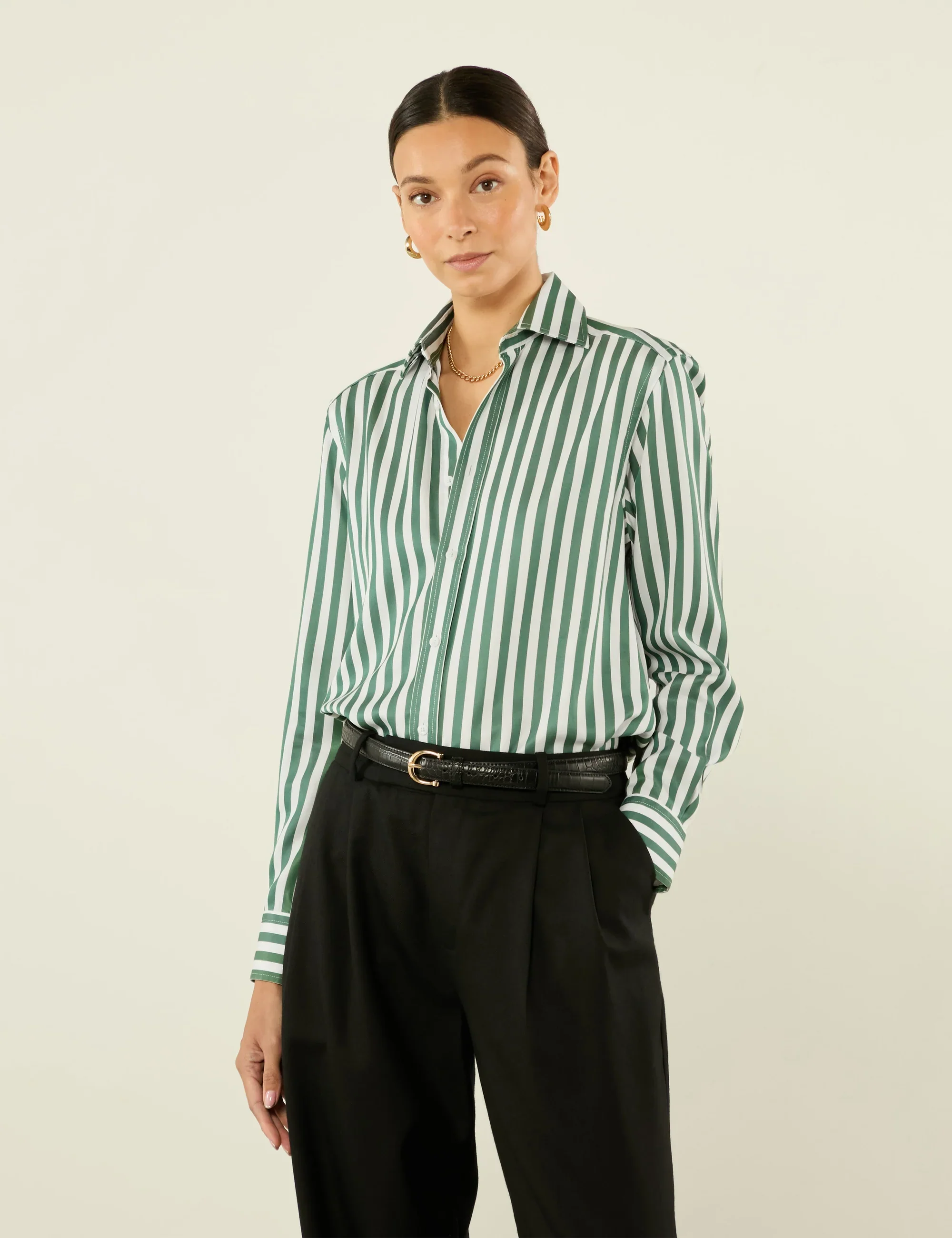 The Boyfriend: TENCEL™ Lyocell, Forest Green Stripe - With Nothing Underneath