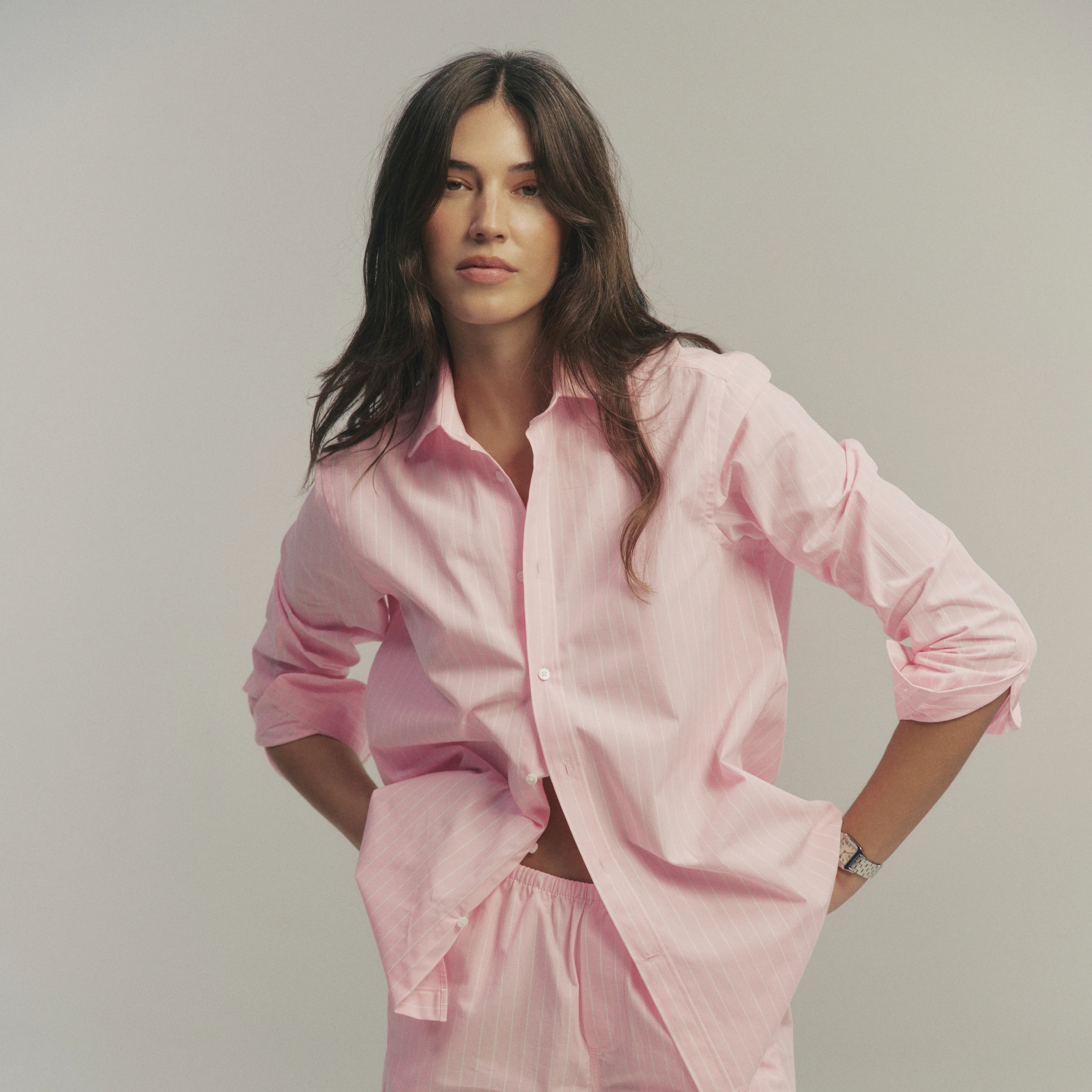 The Set: Fine Poplin Light Pink Stripe Shirt & Court Short - With Nothing Underneath