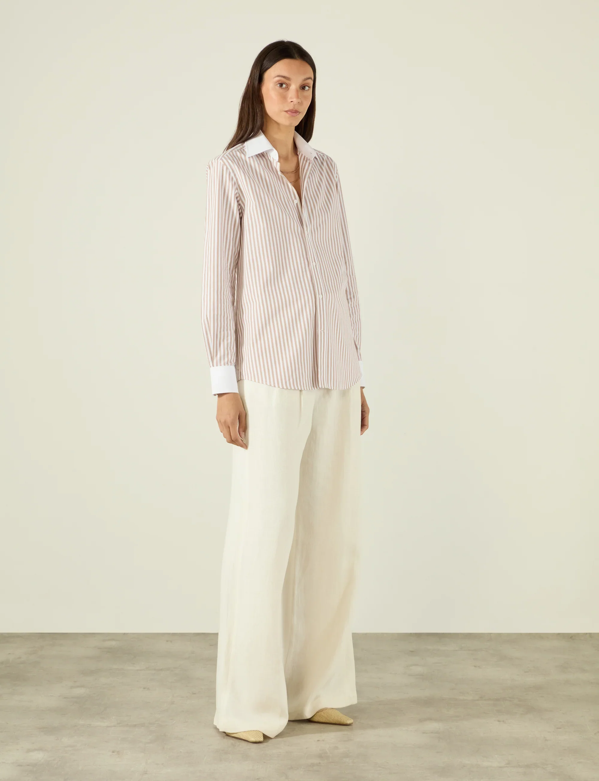 The Boyfriend Contrast: Fine Poplin, Latte Stripe - With Nothing Underneath