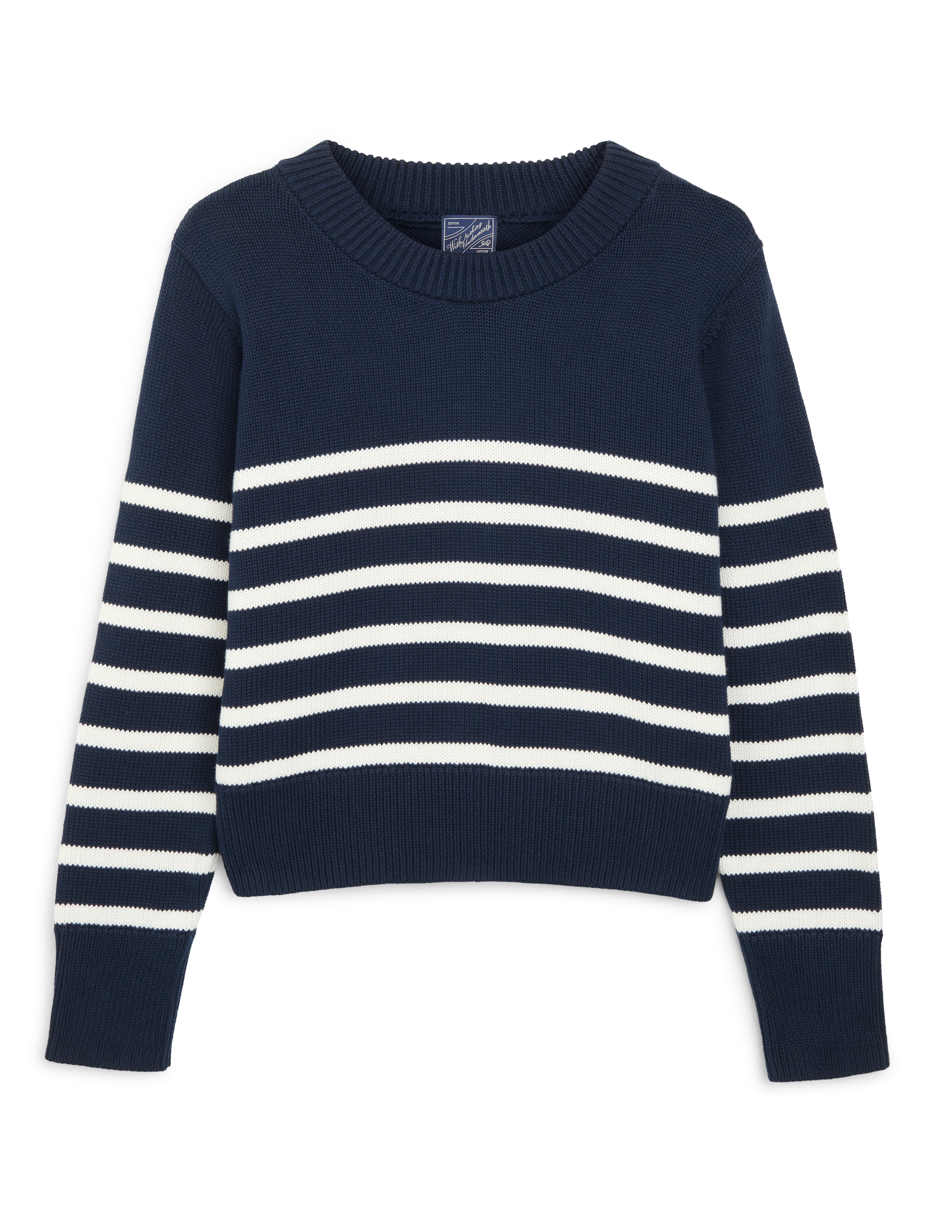 Devon Jumper: Cotton, Navy Blue and Off-White Stripe - With Nothing Underneath