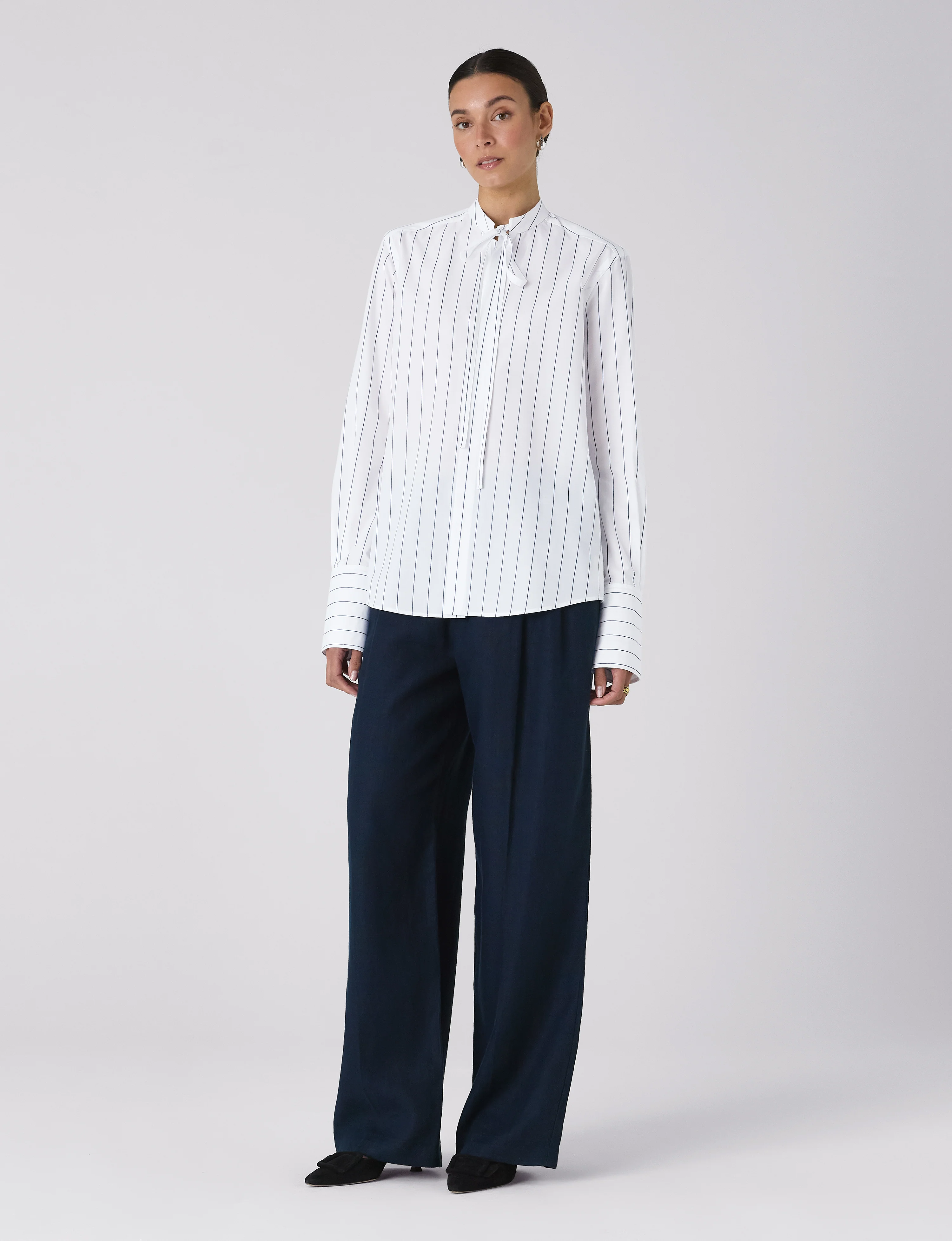 The Boyfriend Bow Tie: Fine Poplin, Blue and White Stripe - With Nothing Underneath