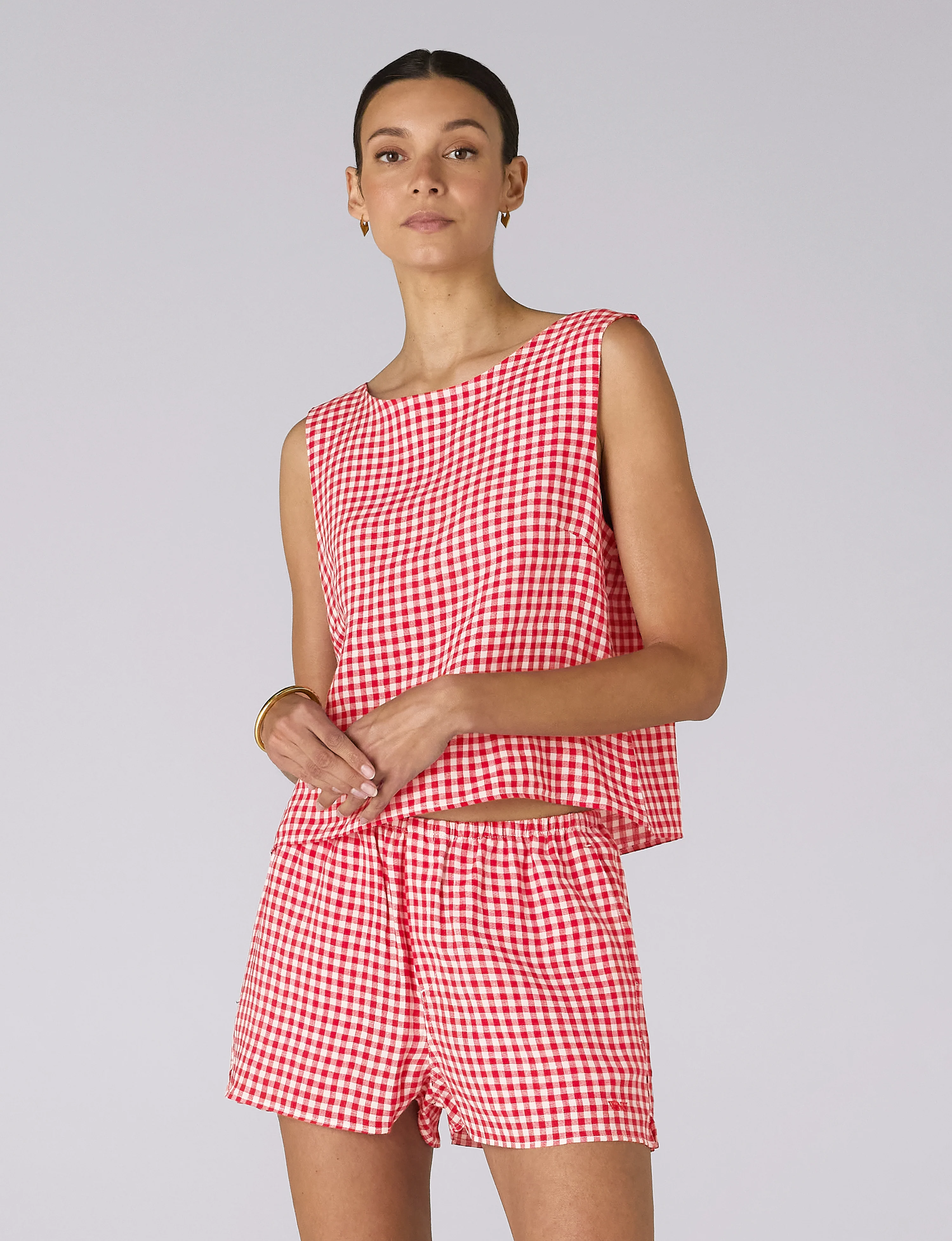 Jackie Top: Linen, Post Box Red Gingham - With Nothing Underneath