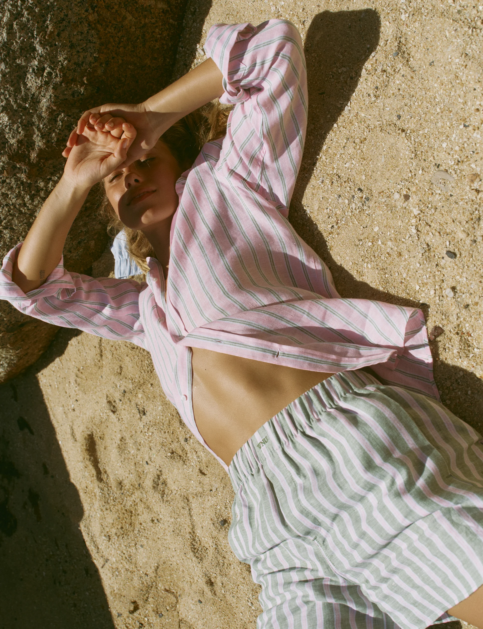 The Boyfriend: Linen, Pink and Green Stripe - With Nothing Underneath