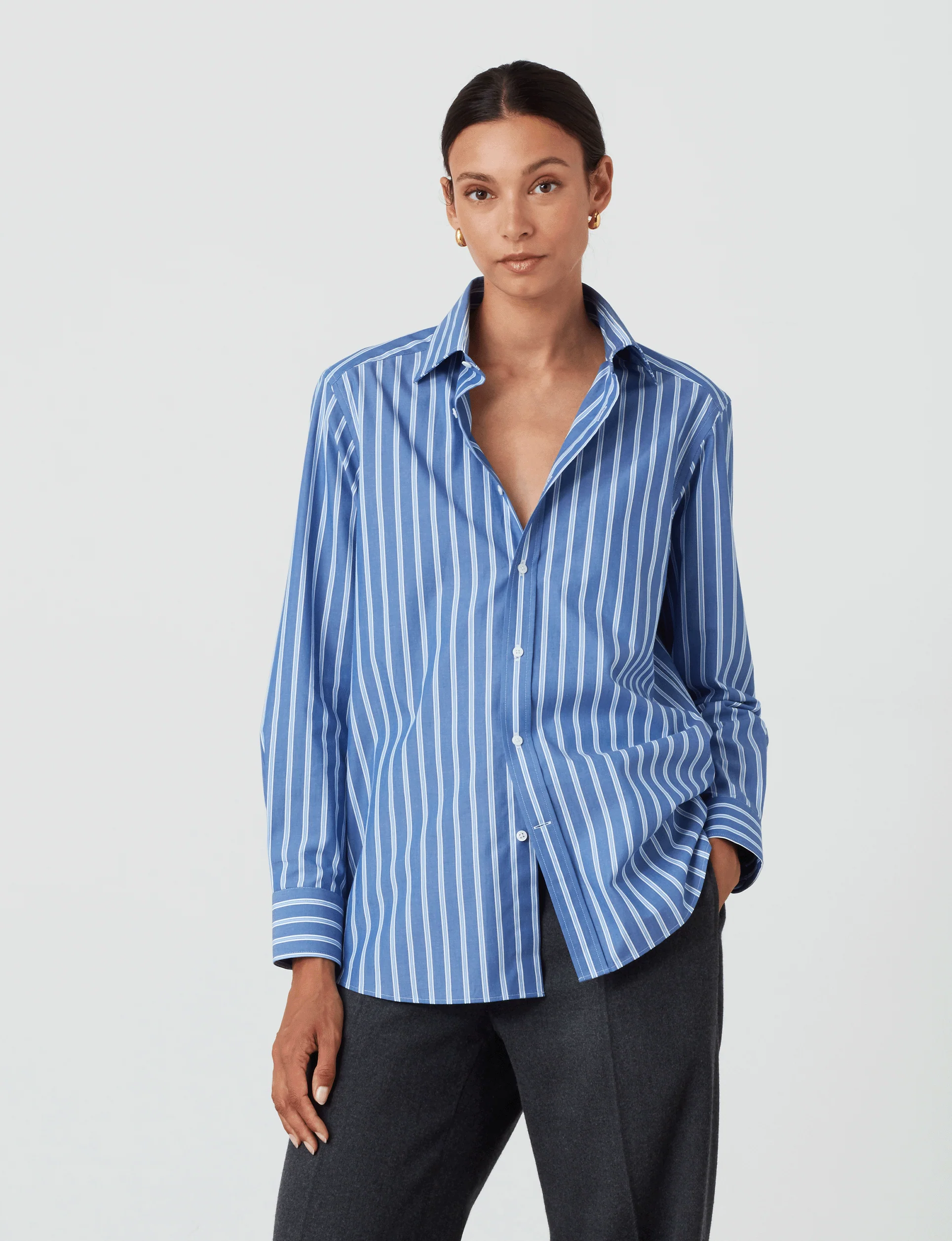 The Boyfriend: Fine Poplin, Blue Multi Stripe - With Nothing Underneath