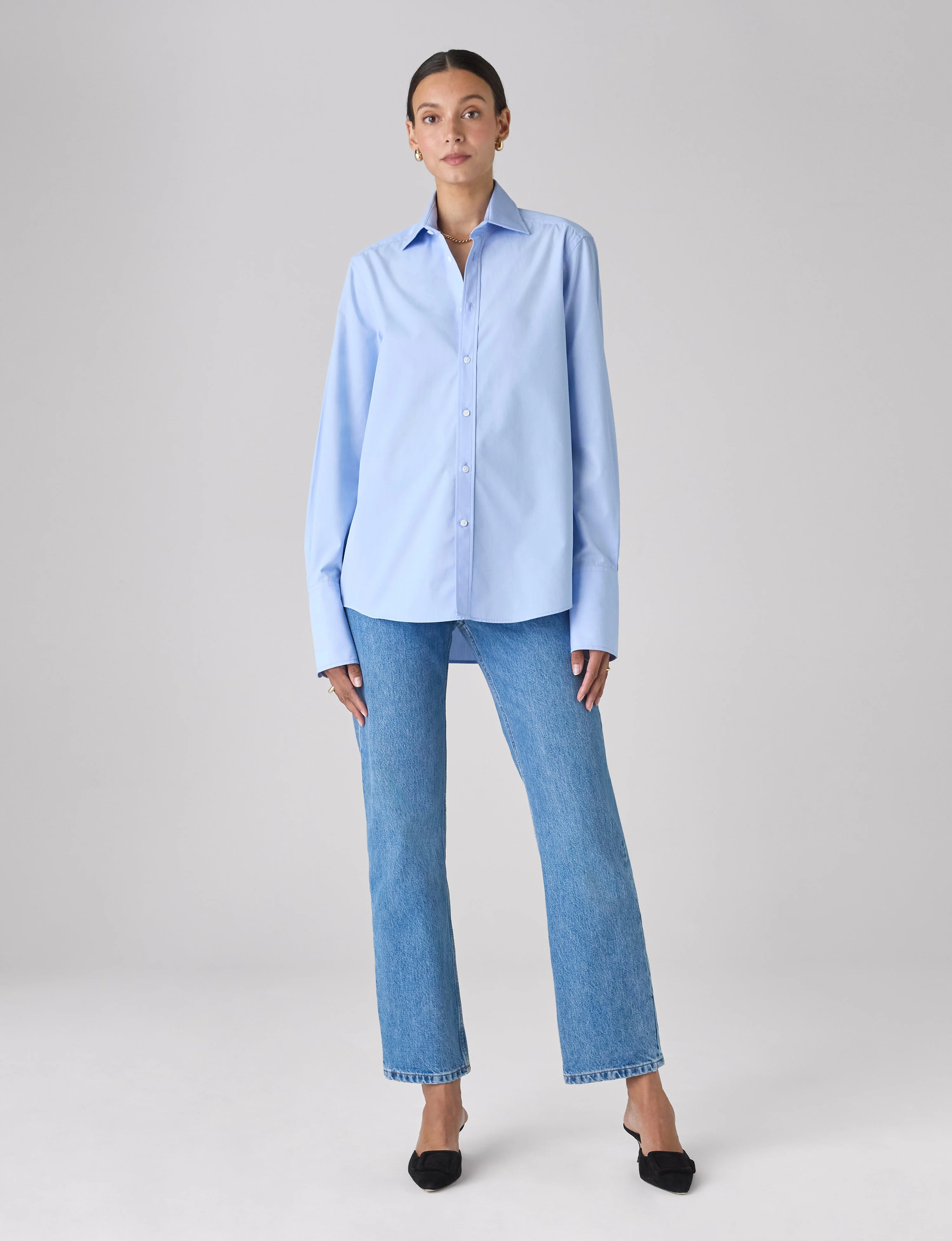 The Boyfriend Exaggerated Cuff: Fine Poplin, Sky Blue - With Nothing Underneath
