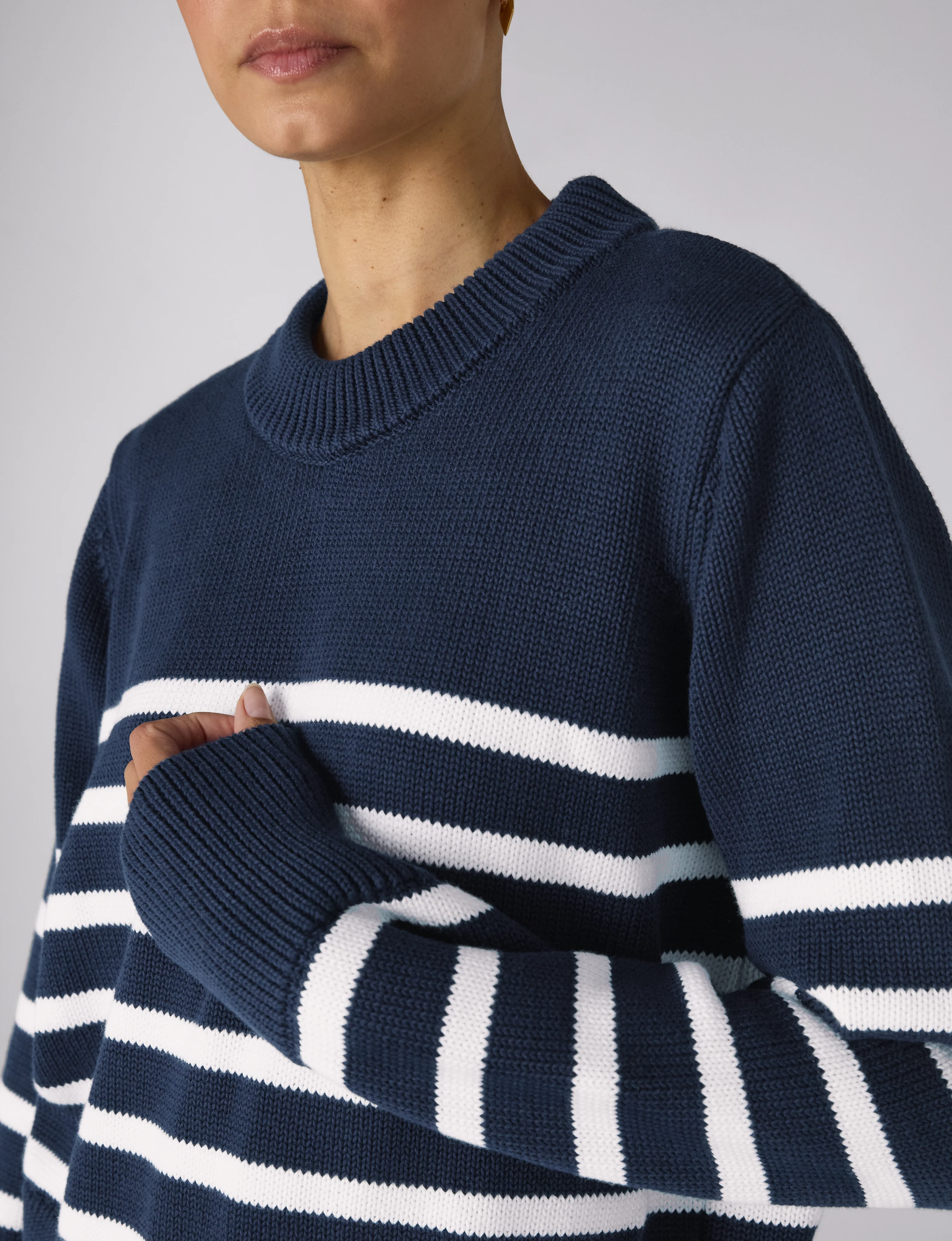 Devon Jumper: Cotton, Navy Blue and Off-White Stripe - With Nothing Underneath