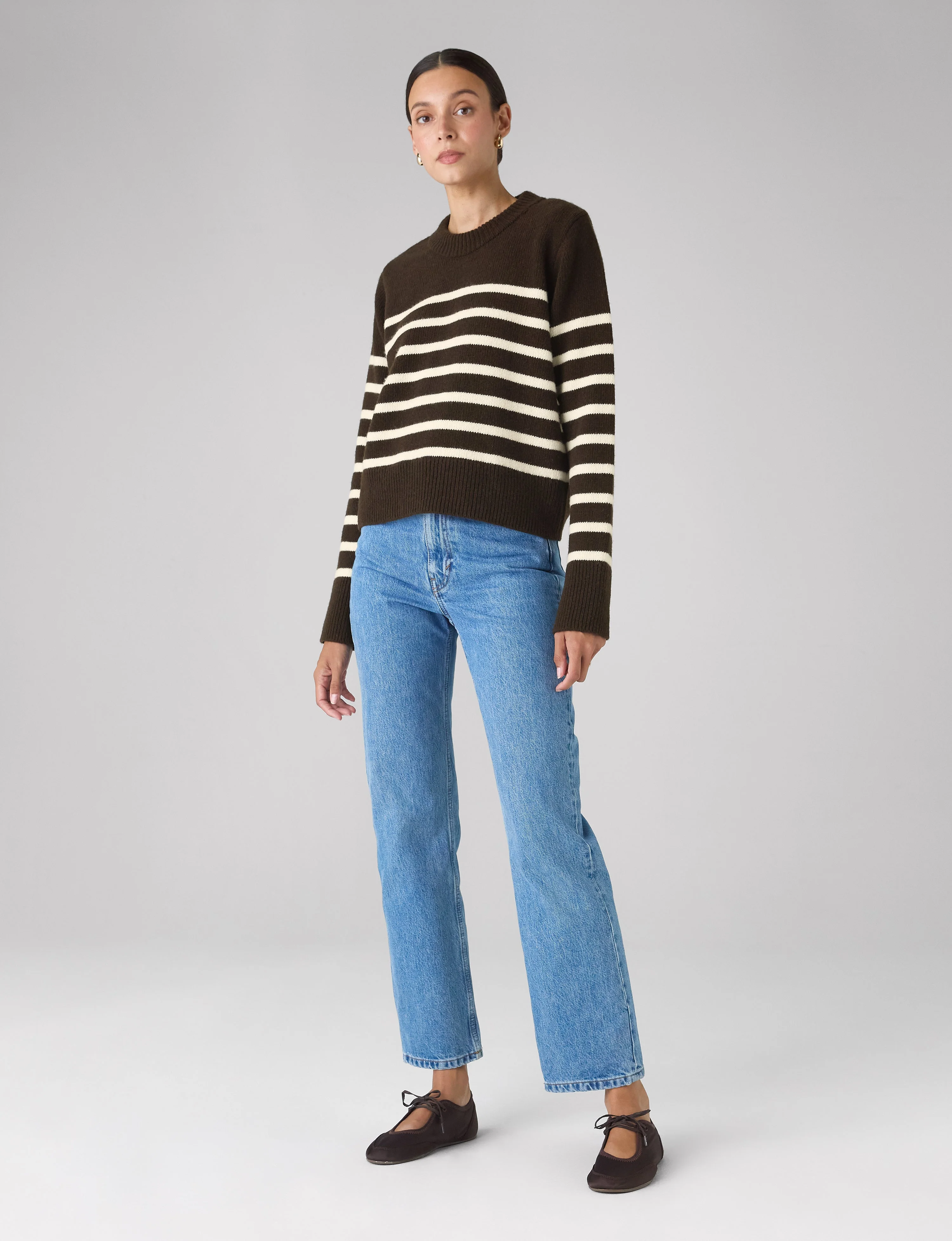 Devon Jumper: Wool, Chocolate with Cream Stripes - With Nothing Underneath