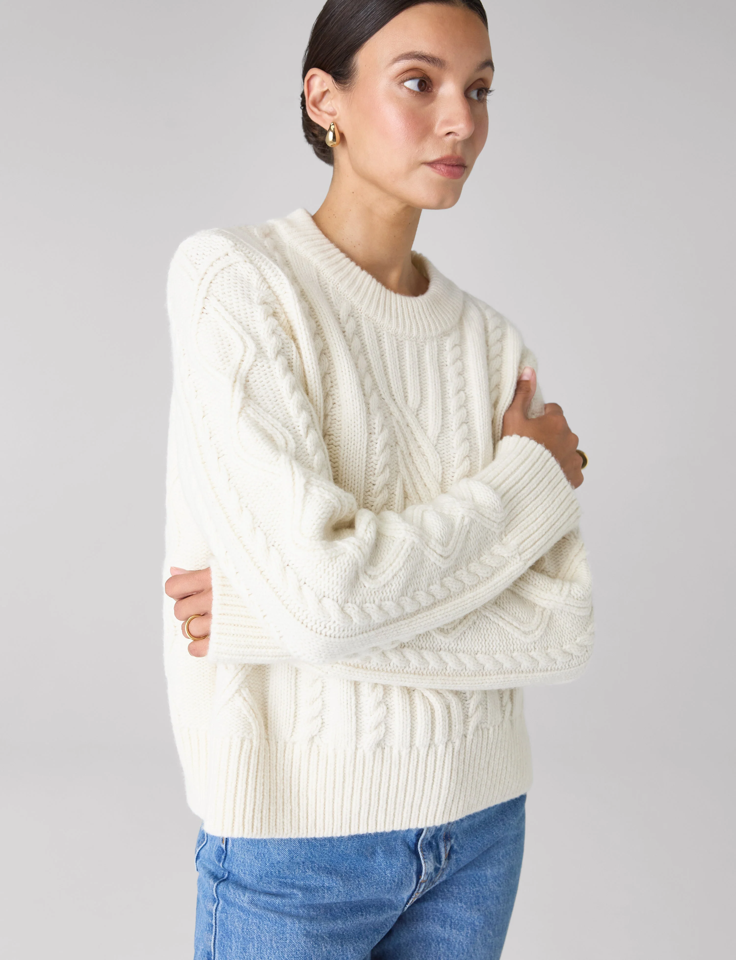 Devon Cable Jumper: Wool, Cream - With Nothing Underneath