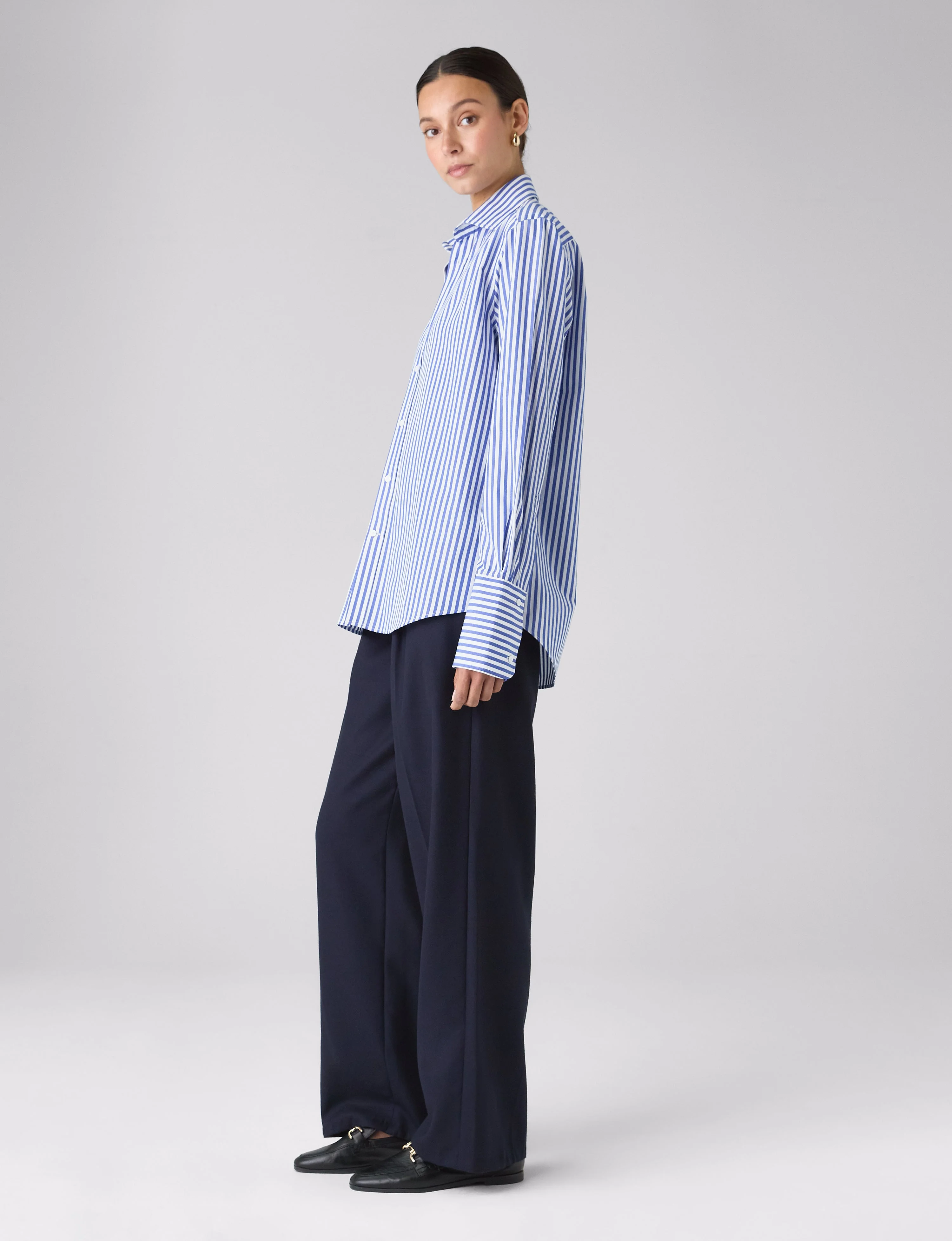 The Boyfriend Exaggerated Cuff: Fine Poplin, Royal Blue Stripe - With Nothing Underneath