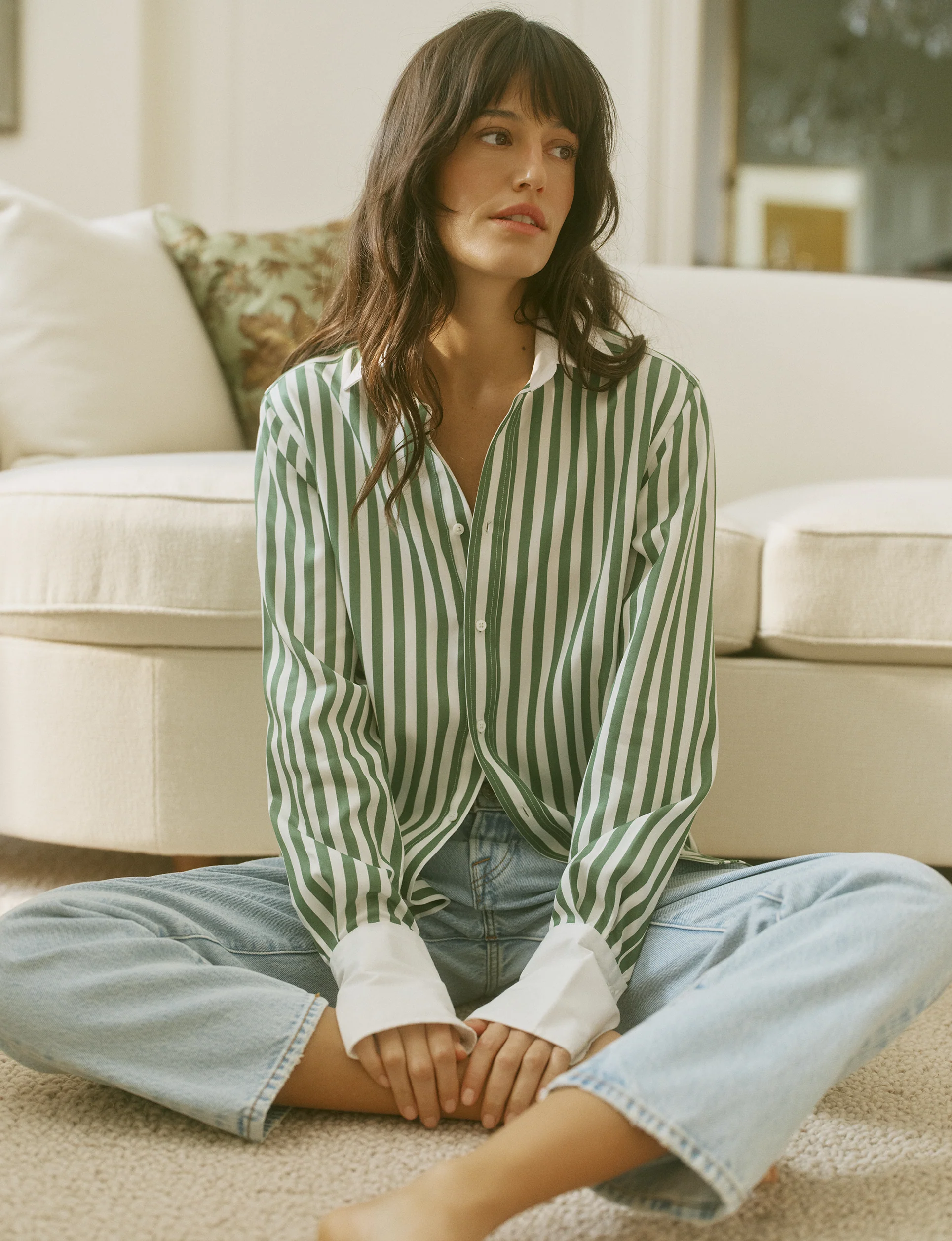 The Boyfriend Contrast Exaggerated Cuff: TENCEL™ Lyocell, Forest Green Stripe - With Nothing Underneath