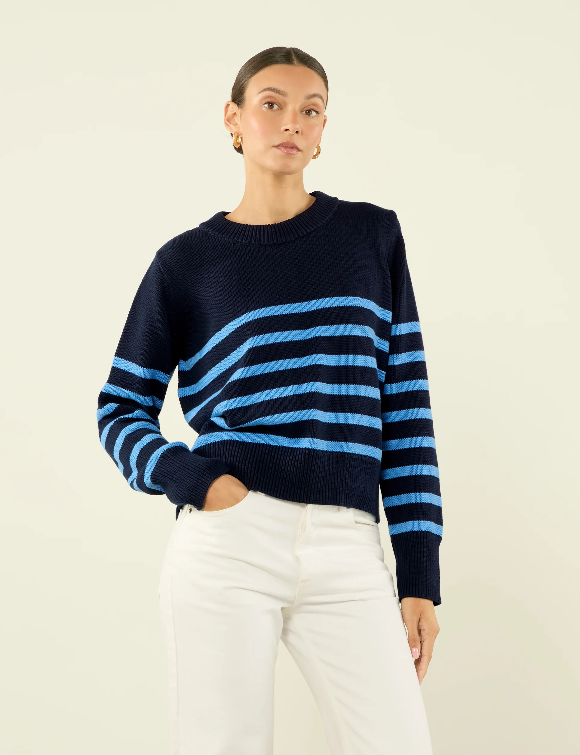 Devon Jumper: Cotton, Navy and Cornflower Blue Stripe - With Nothing Underneath