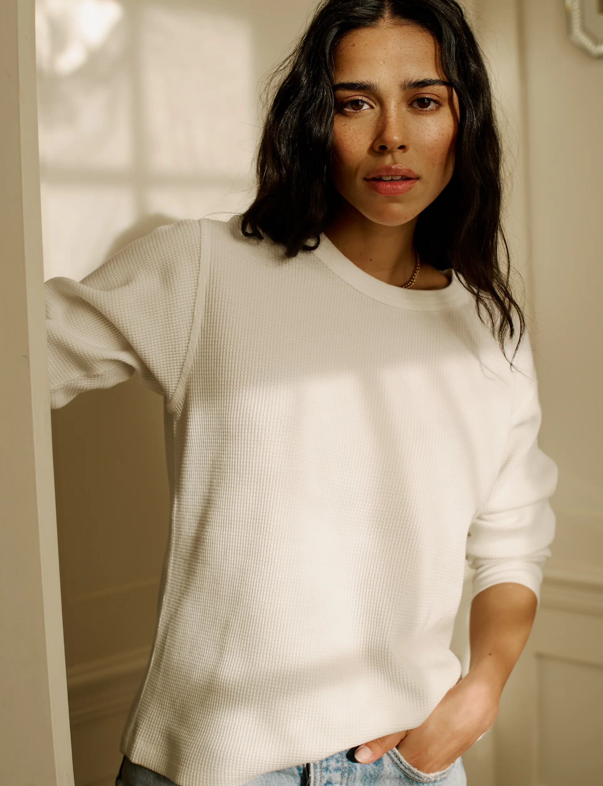 Bessette Top: Waffle Jersey, Off-White - With Nothing Underneath