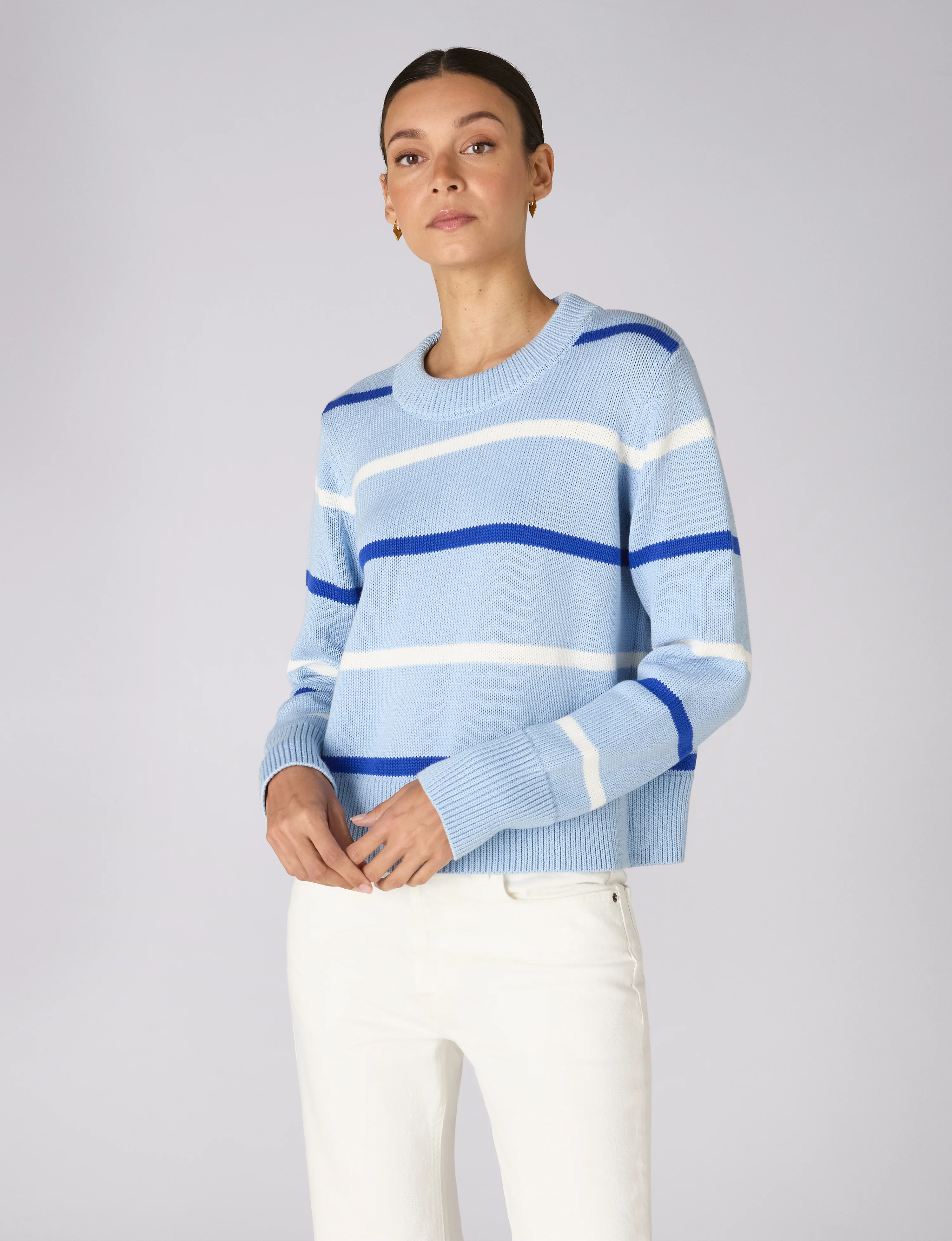 Devon Jumper: Cotton, Sky Blue and Cobalt Stripe - With Nothing Underneath