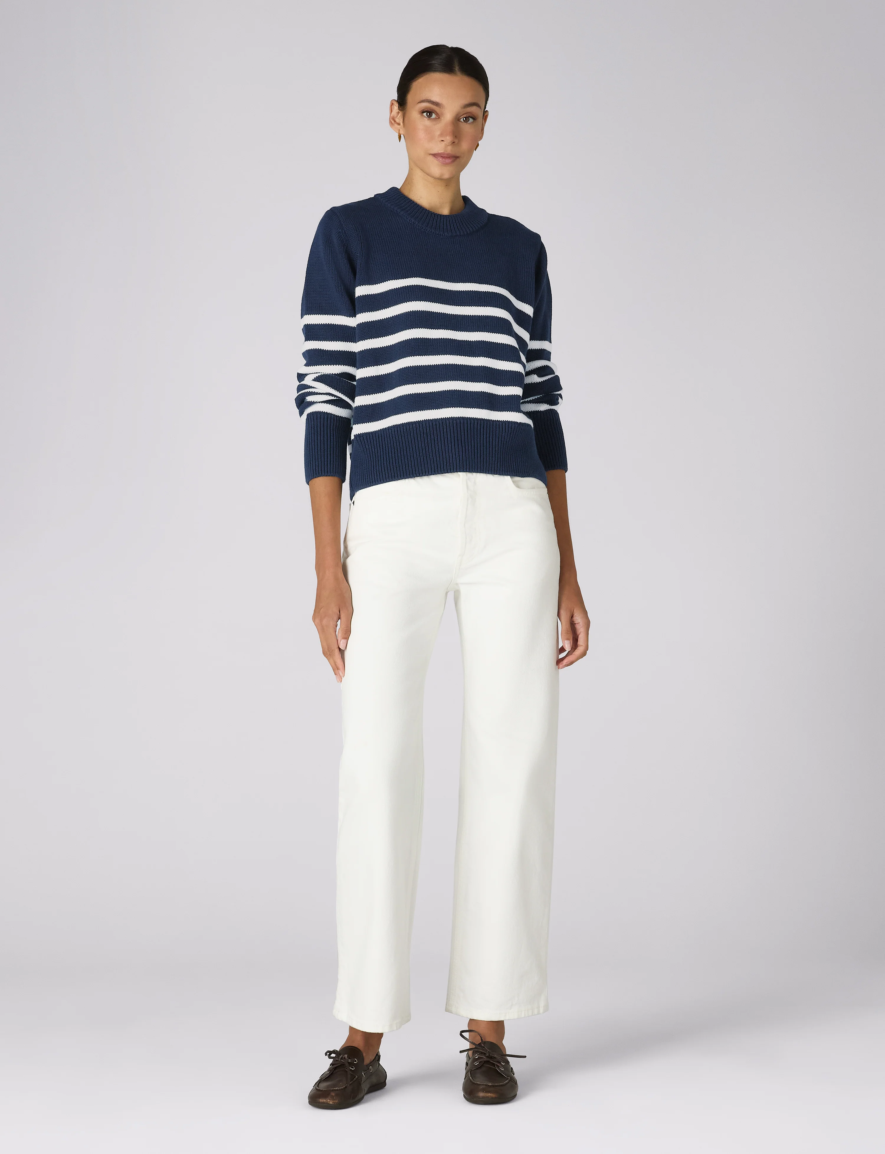 Devon Jumper: Cotton, Navy Blue and Off-White Stripe - With Nothing Underneath
