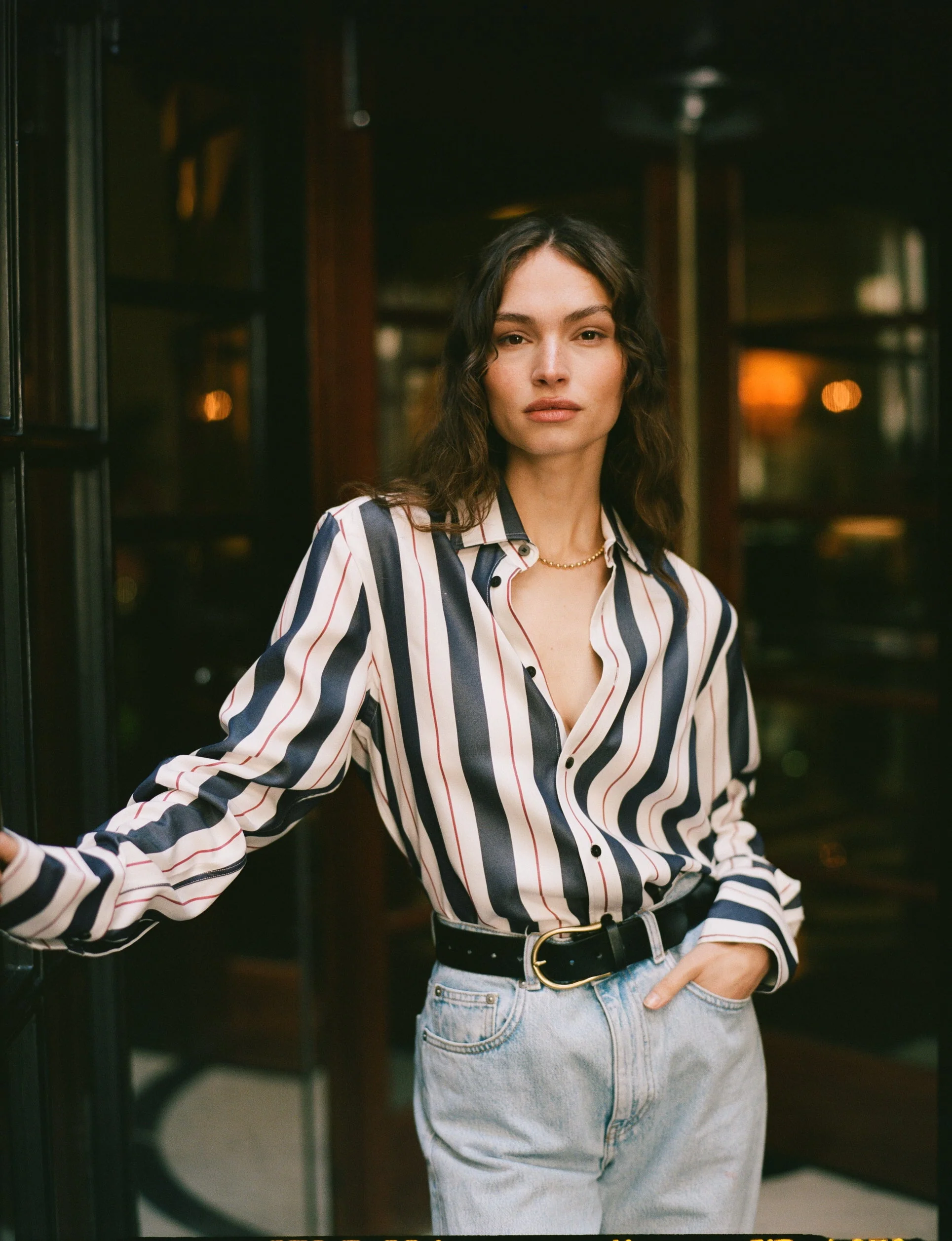 The Boyfriend Exaggerated Cuff: TENCEL™ Lyocell, Navy & Burgundy Wide Stripe - With Nothing Underneath