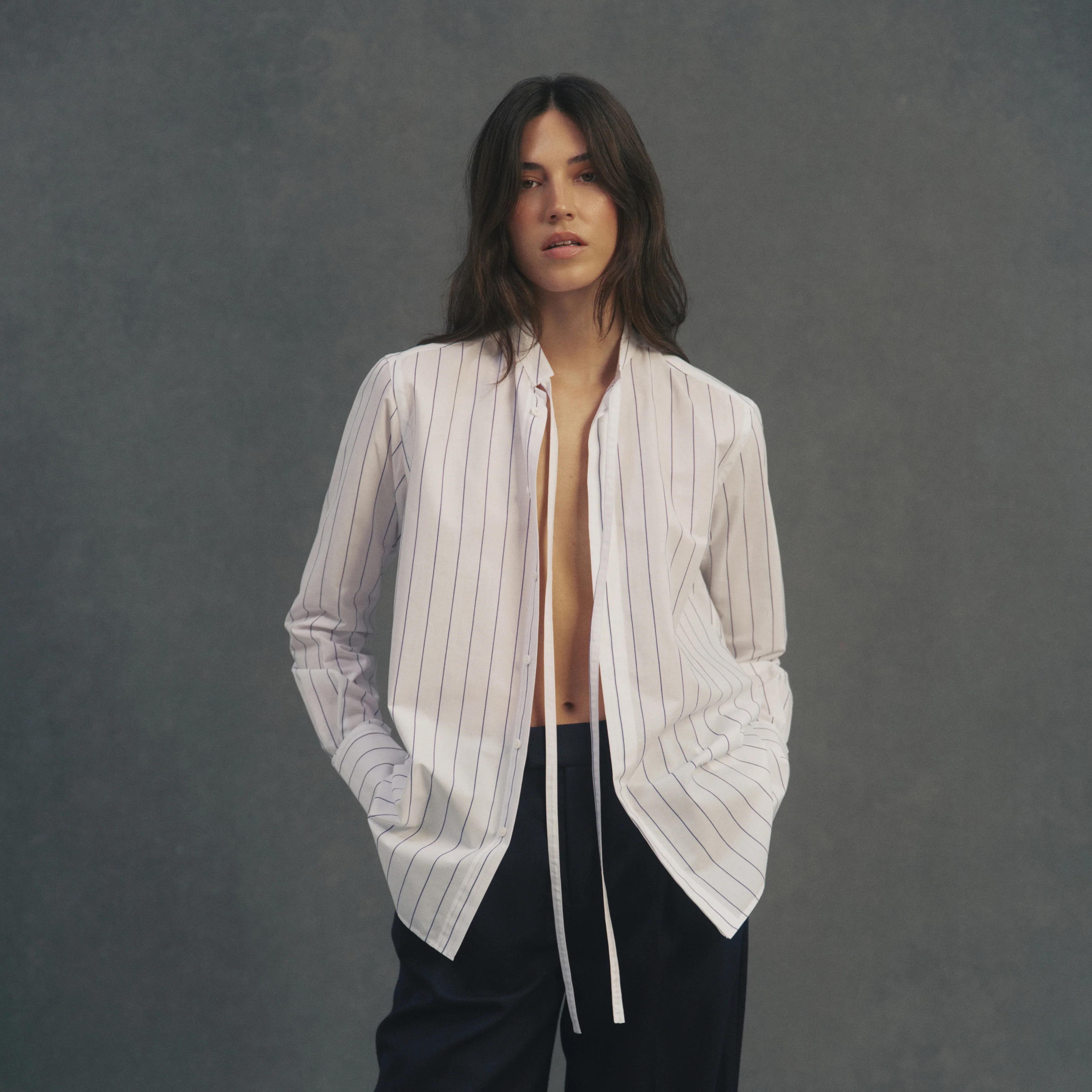 The Boyfriend Bow Tie: Fine Poplin, Blue and White Stripe - With Nothing Underneath