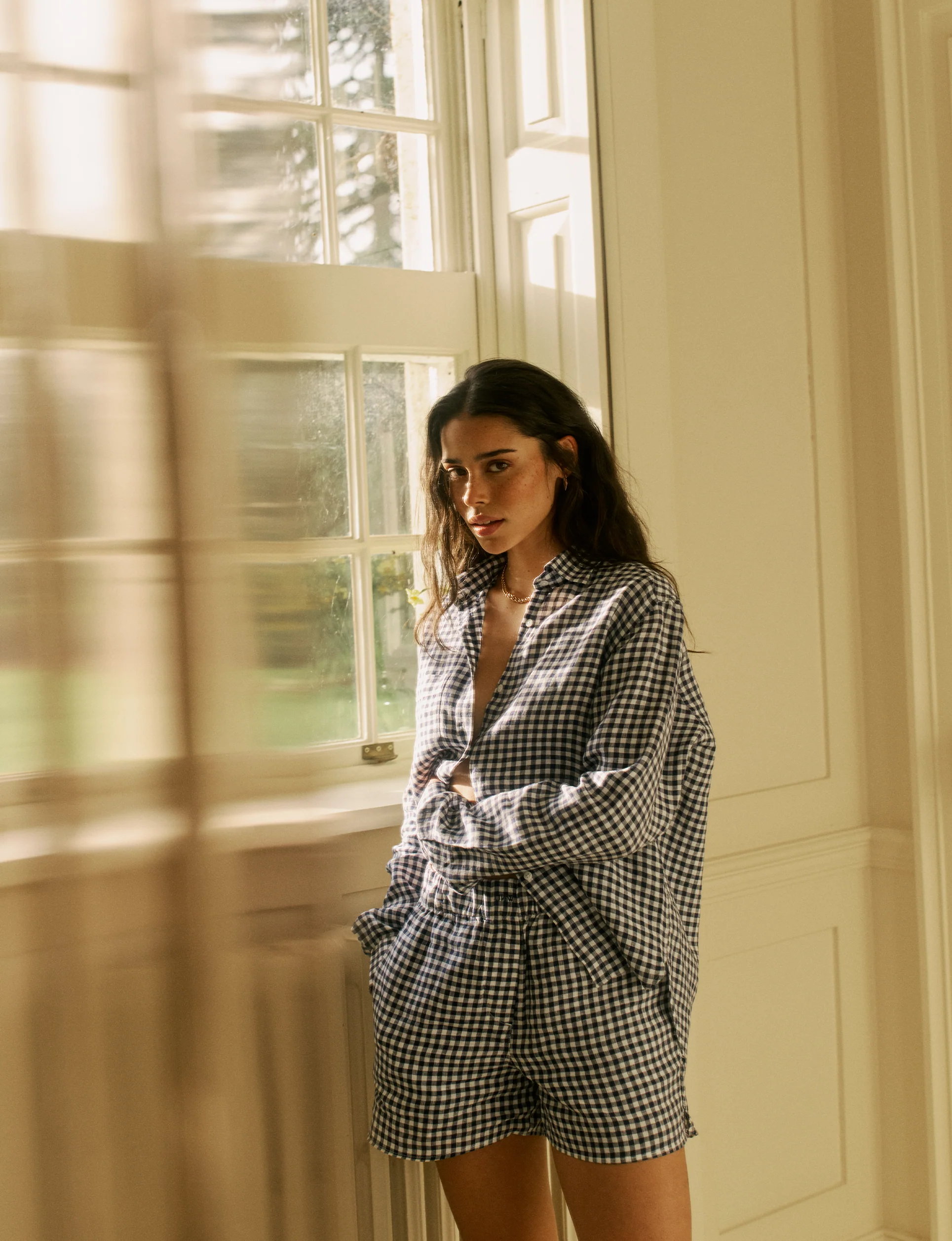 The Classic: Linen, Navy Blue Gingham - With Nothing Underneath