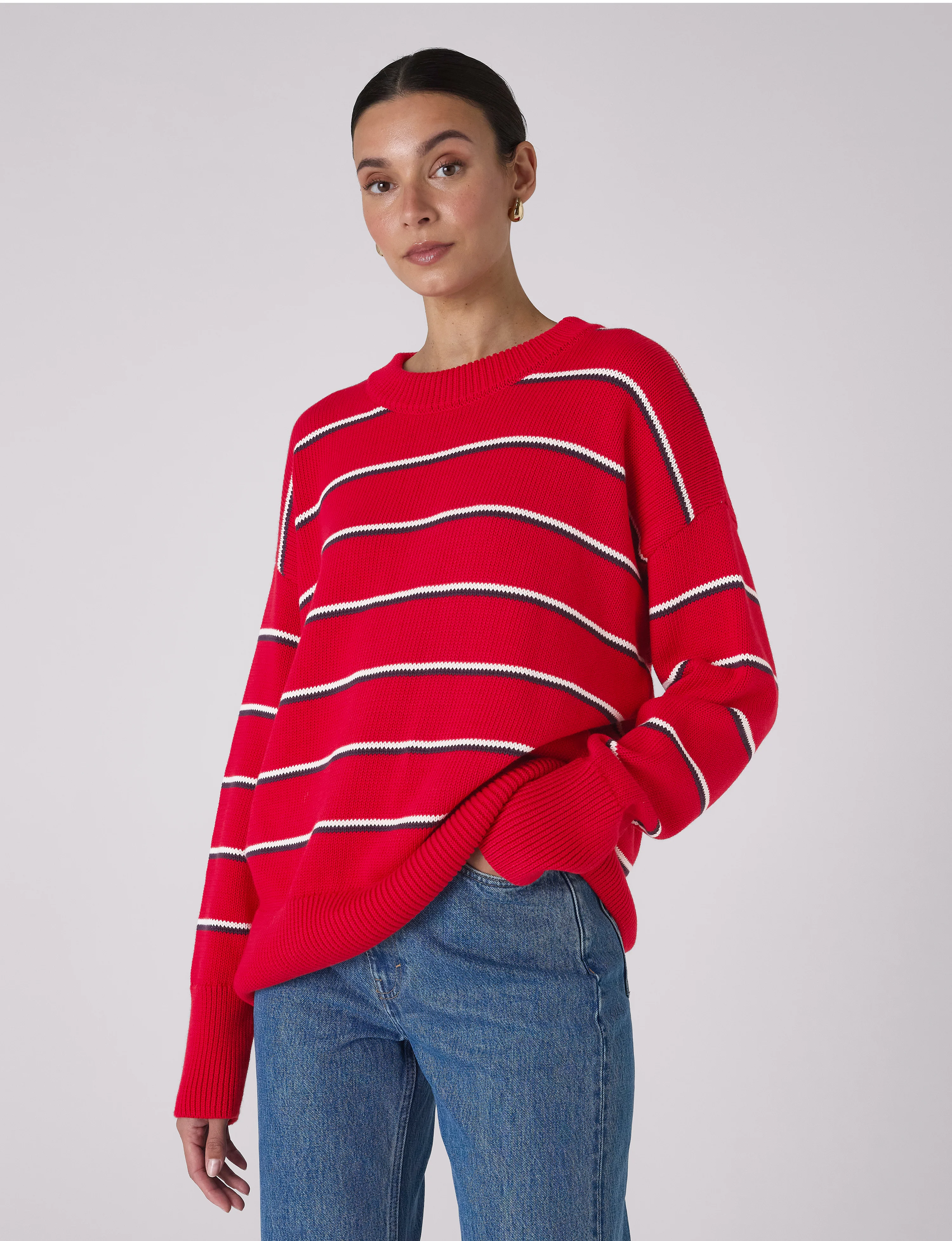 Cornwall Jumper: Cotton, Red and Navy Blue Stripe - With Nothing Underneath