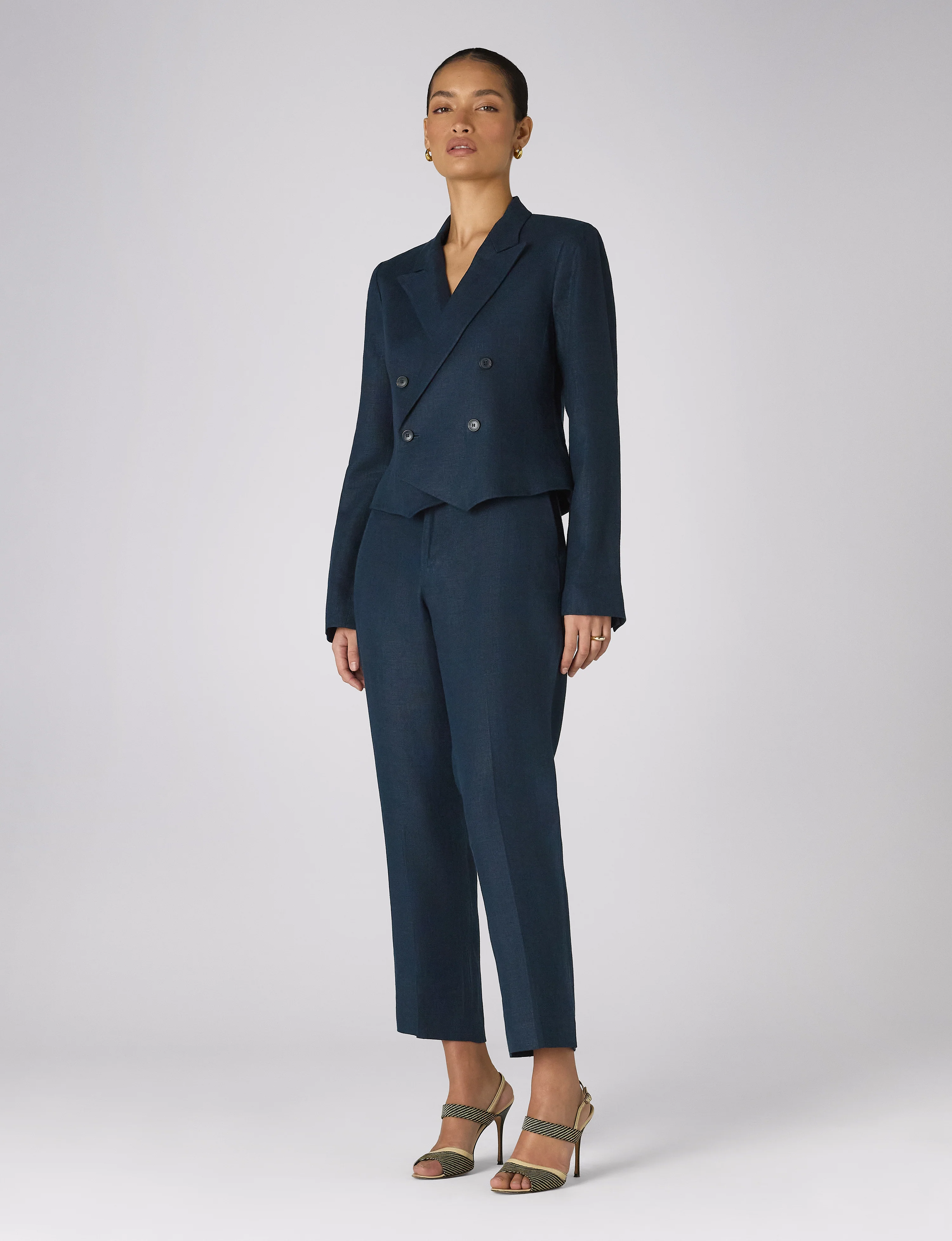 Belgravia Cropped Blazer: Linen, Navy Blue - With Nothing Underneath