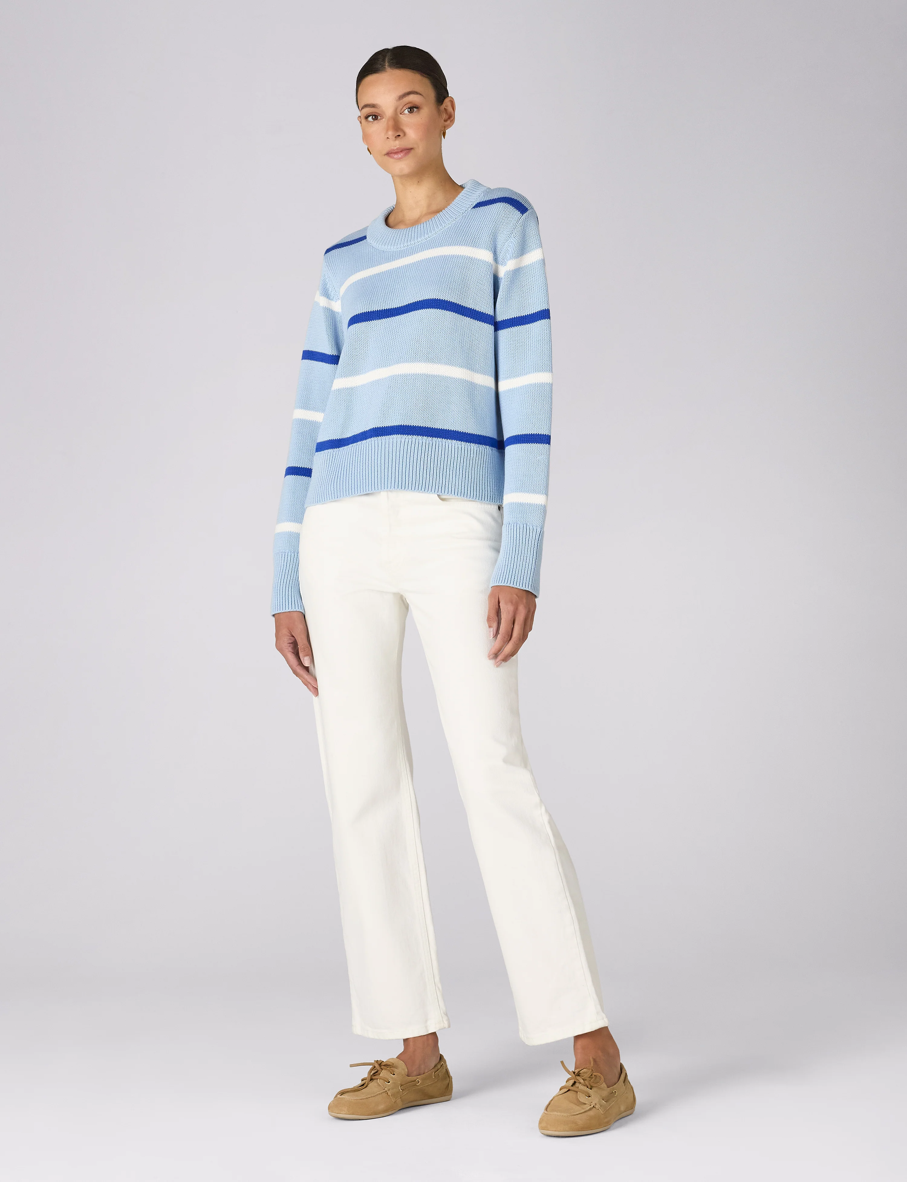 Devon Jumper: Cotton, Sky Blue and Cobalt Stripe - With Nothing Underneath